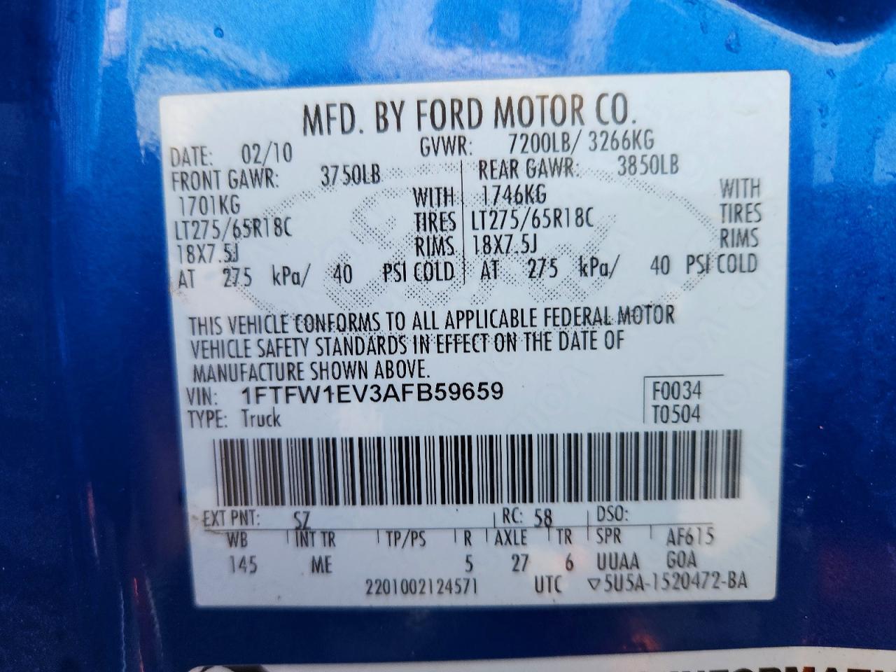 2010 Ford F150 Supercrew Blue vin: 1FTFW1EV3AFB59659