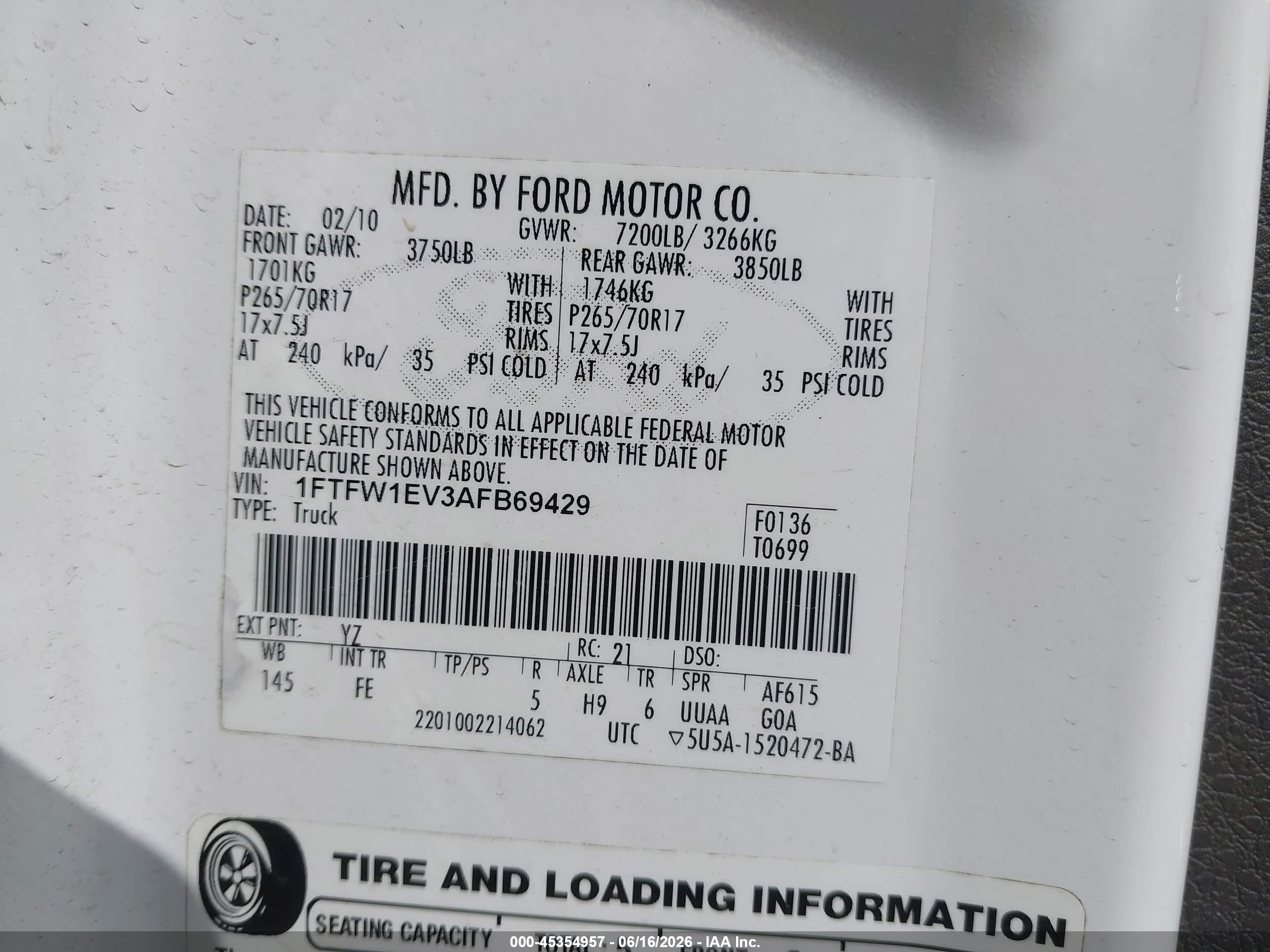 2010 Ford F-150 Fx4/harley-davidson/king Ranch/lariat/platinum/xl/xlt White vin: 1FTFW1EV3AFB69429
