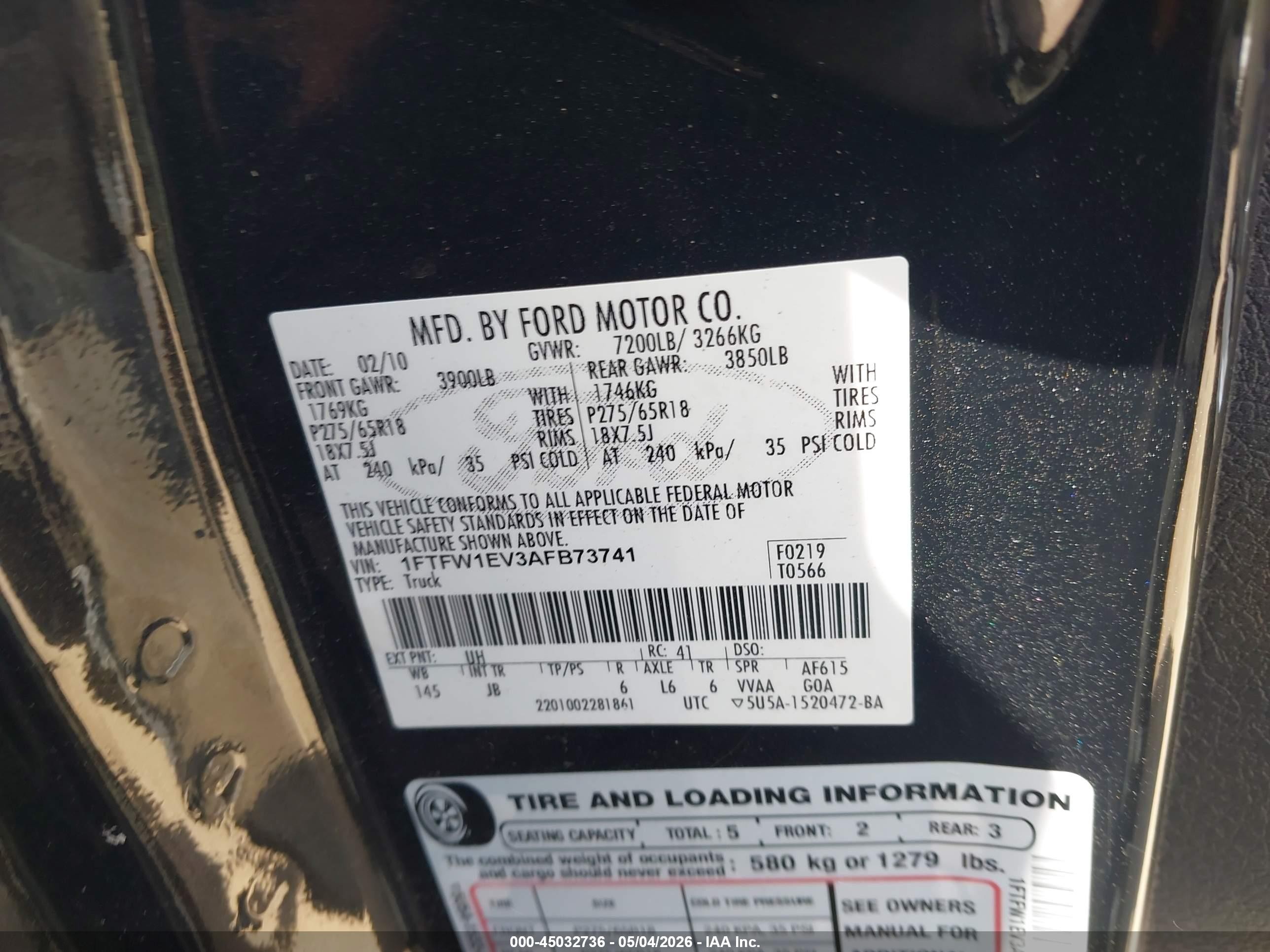 2010 Ford F-150 Fx4/harley-davidson/king Ranch/lariat/platinum/xl/xlt Black vin: 1FTFW1EV3AFB73741