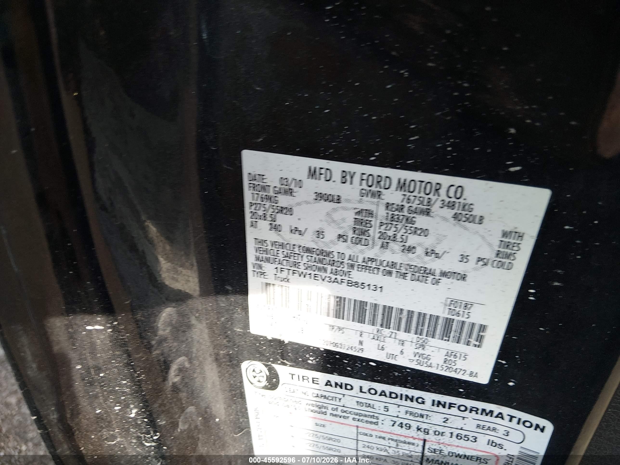 2010 Ford F-150 Fx4 Black vin: 1FTFW1EV3AFB85131