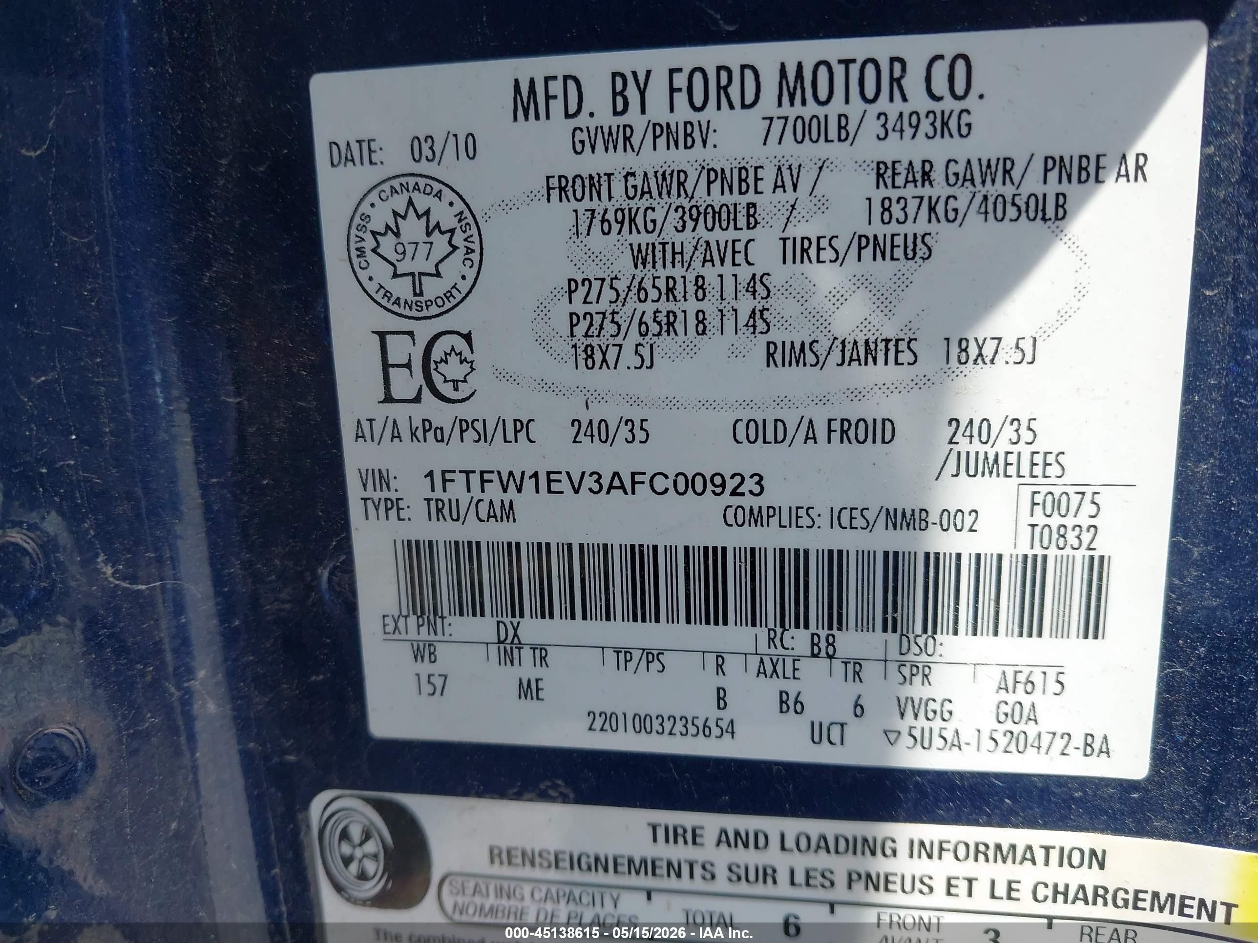 2010 Ford F-150 Fx4/harley-davidson/king Ranch/lariat/platinum/xl/xlt Blue vin: 1FTFW1EV3AFC00923