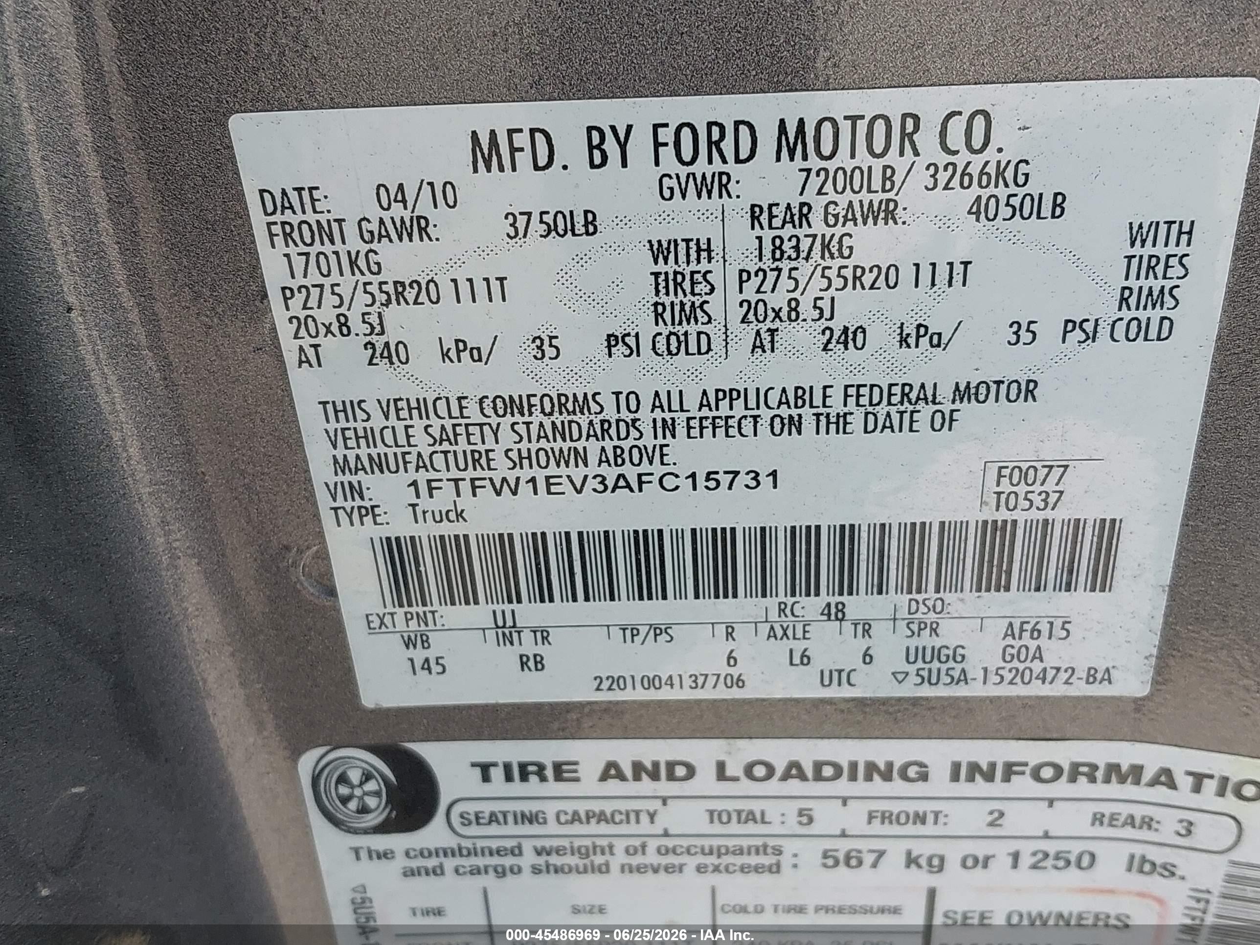 2010 Ford F-150 Fx4/harley-davidson/king Ranch/lariat/platinum/xl/xlt Gray vin: 1FTFW1EV3AFC15731