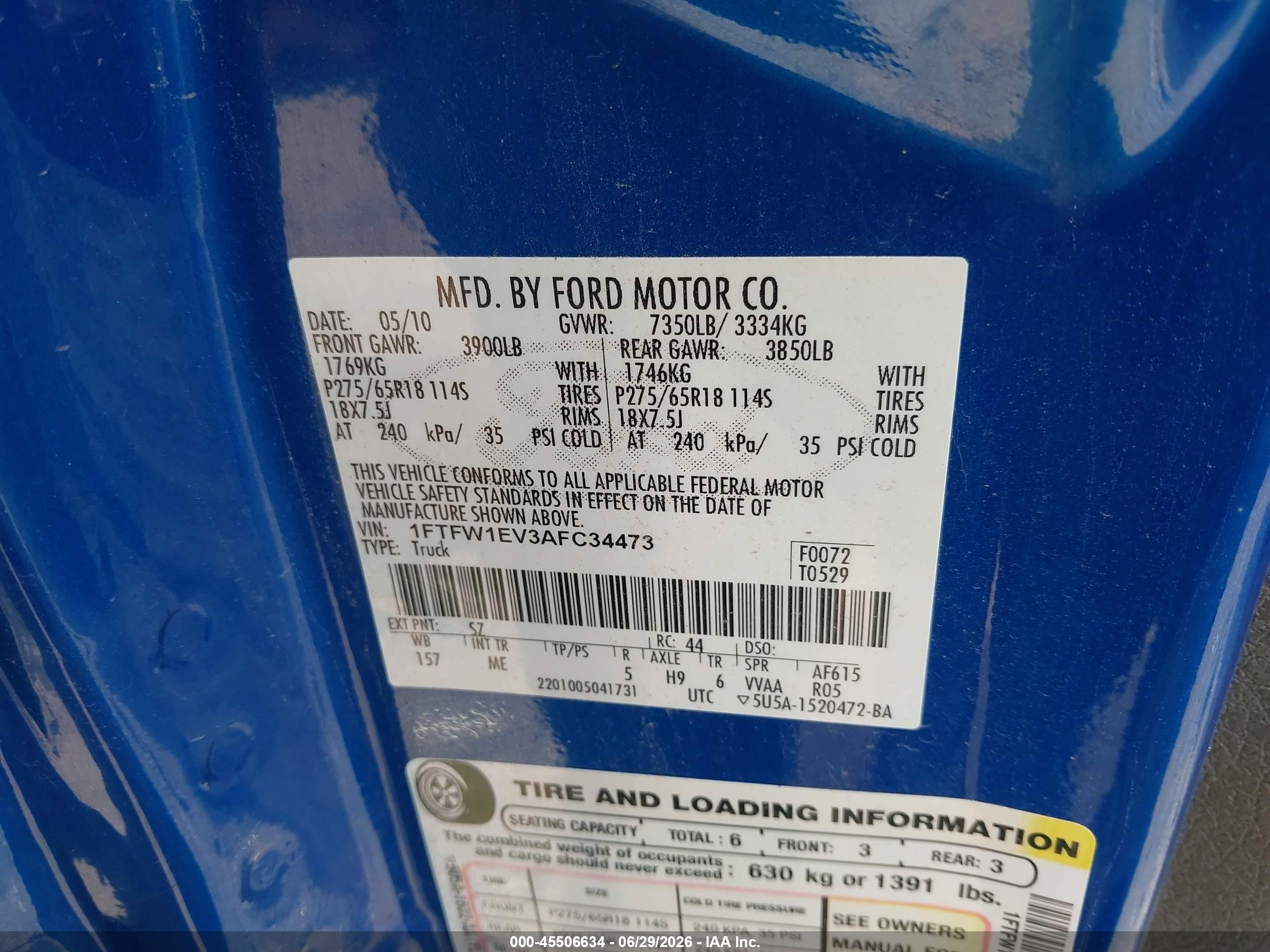 2010 Ford F-150 Fx4/lariat/xl/xlt Blue vin: 1FTFW1EV3AFC34473