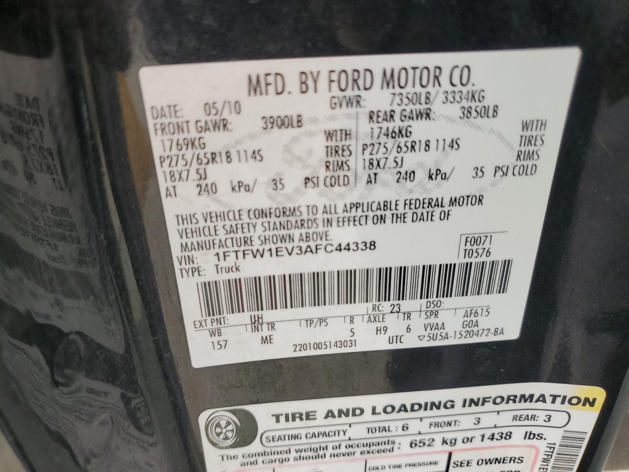 2010 Ford F150 Supercrew Black vin: 1FTFW1EV3AFC44338