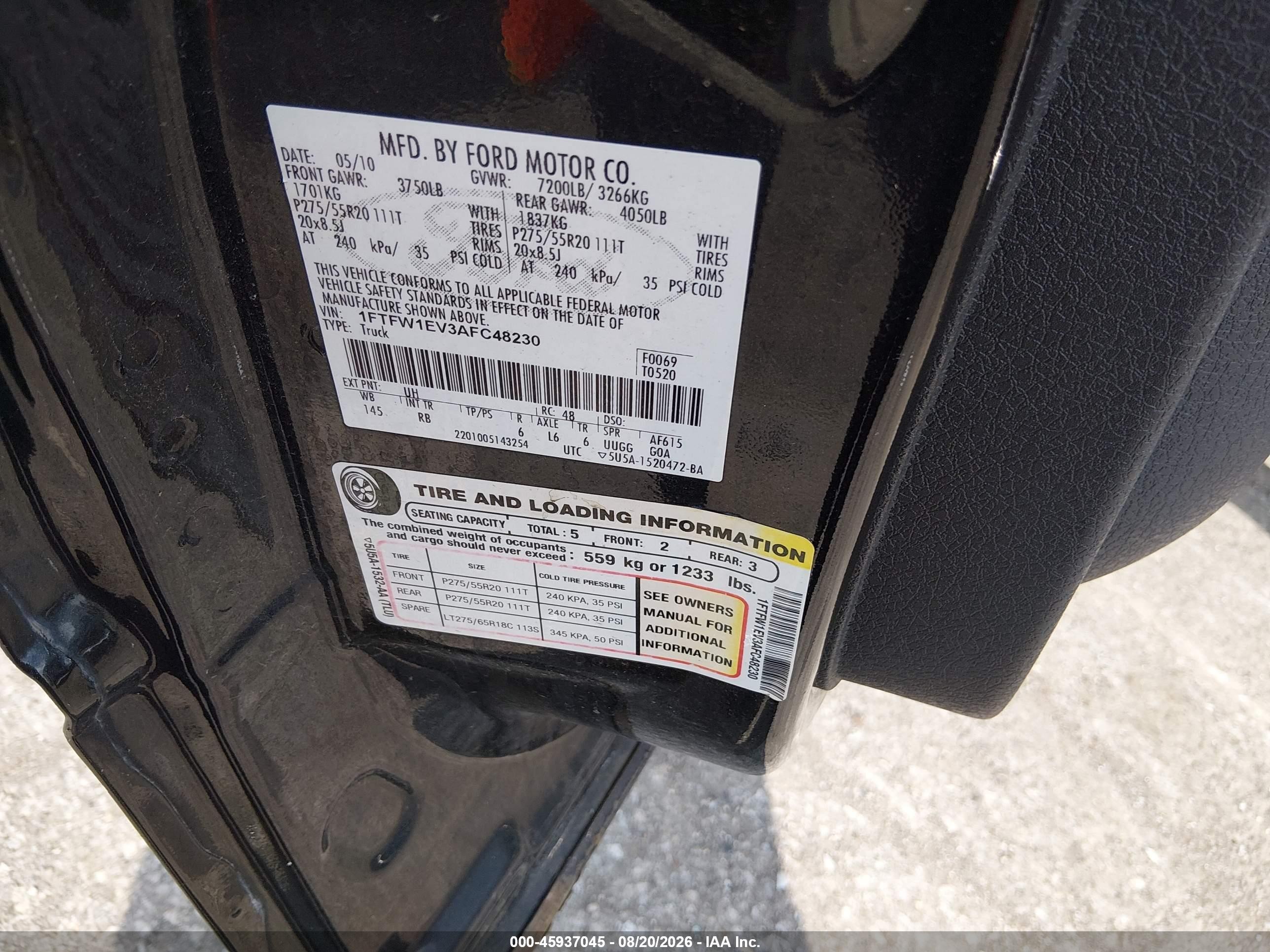 2010 Ford F-150 Fx4/harley-davidson/king Ranch/lariat/platinum/xl/xlt Черный vin: 1FTFW1EV3AFC48230