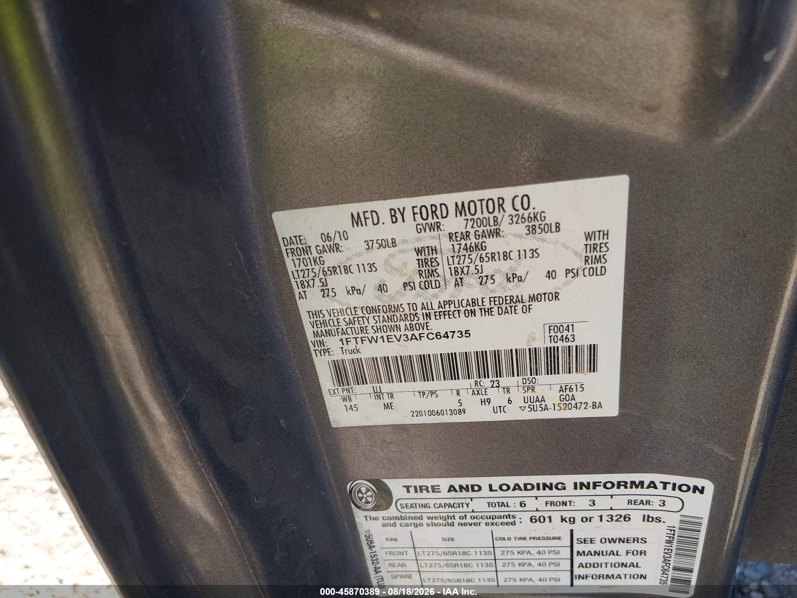 2010 Ford F-150 Fx4/harley-davidson/king Ranch/lariat/platinum/xl/xlt Gray vin: 1FTFW1EV3AFC64735
