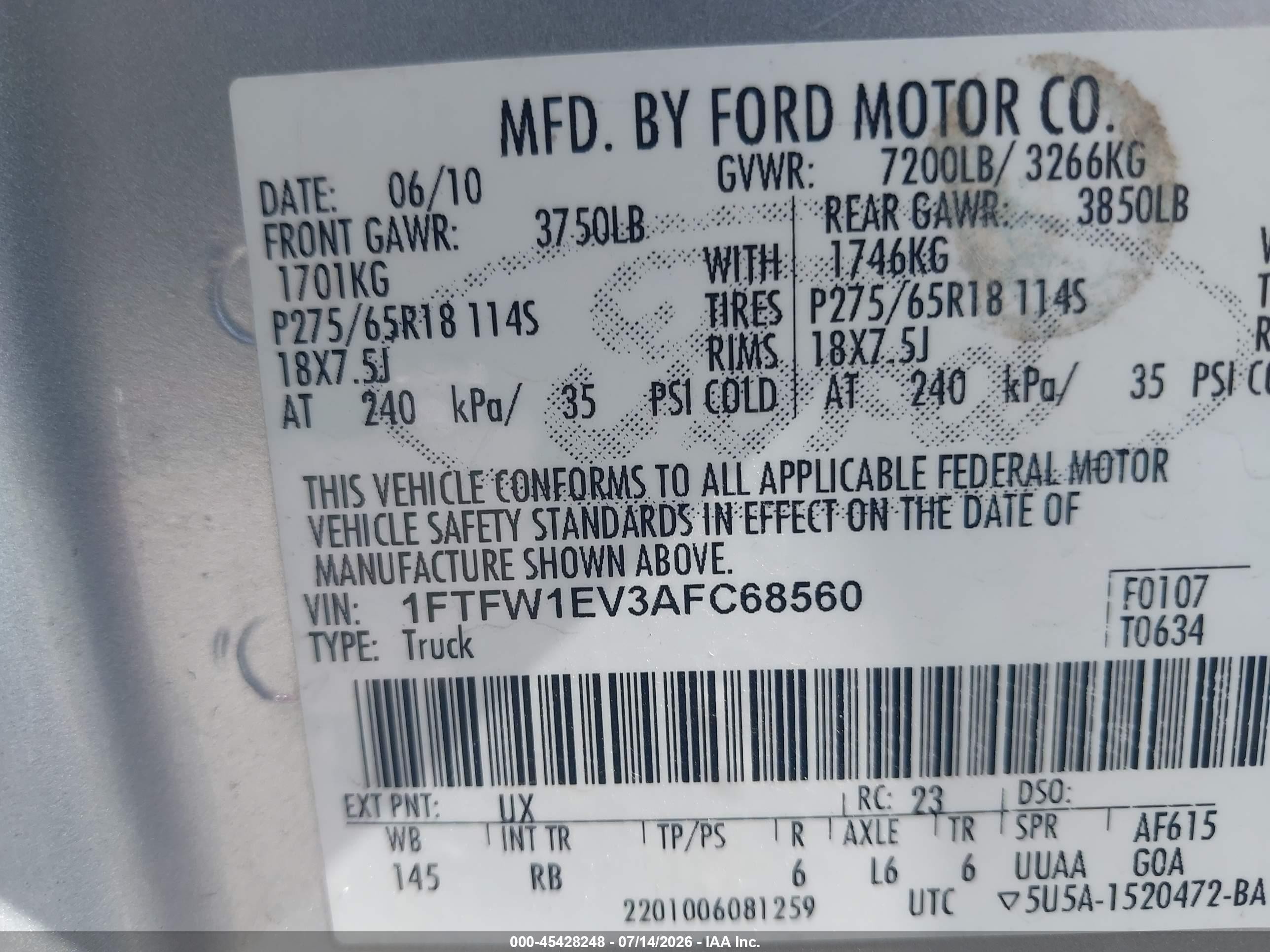 2010 Ford F-150 Fx4/harley-davidson/king Ranch/lariat/platinum/xl/xlt Silver vin: 1FTFW1EV3AFC68560