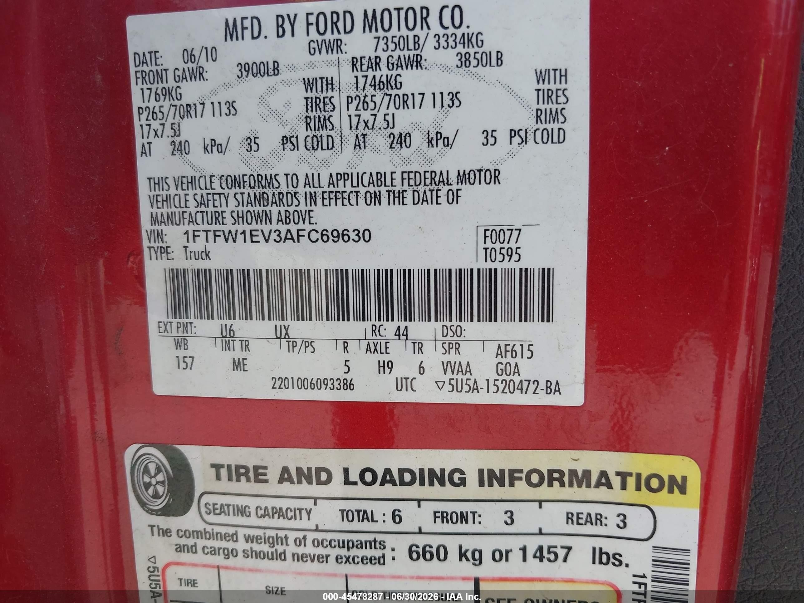 2010 Ford F-150 Fx4/harley-davidson/king Ranch/lariat/platinum/xl/xlt Red vin: 1FTFW1EV3AFC69630