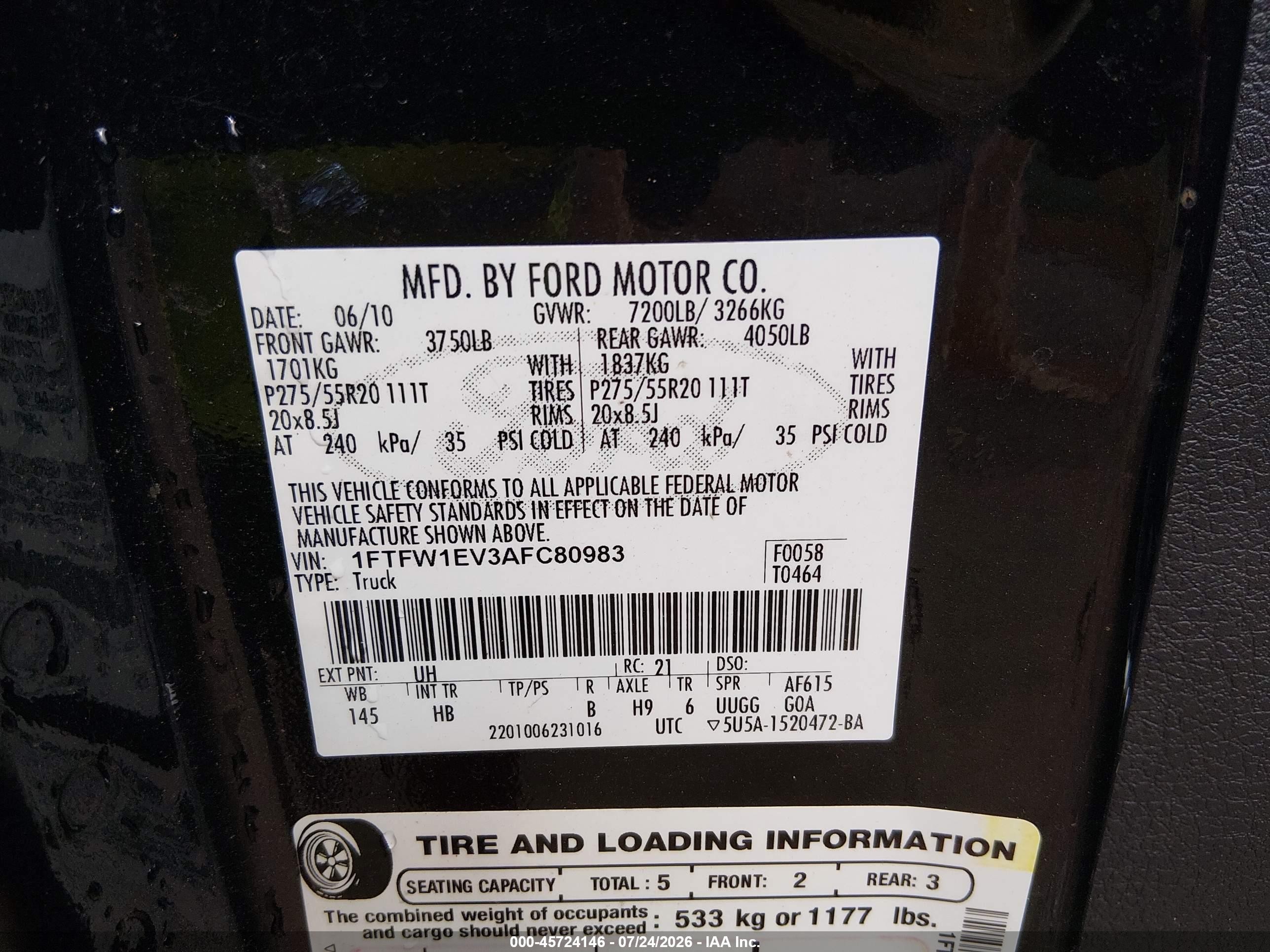 2010 Ford F-150 Fx4/harley-davidson/king Ranch/lariat/platinum/xl/xlt Black vin: 1FTFW1EV3AFC80983