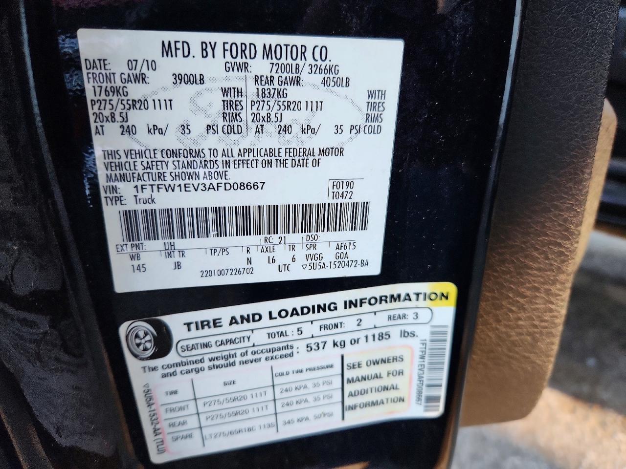 2010 Ford F150 Supercrew Black vin: 1FTFW1EV3AFD08667