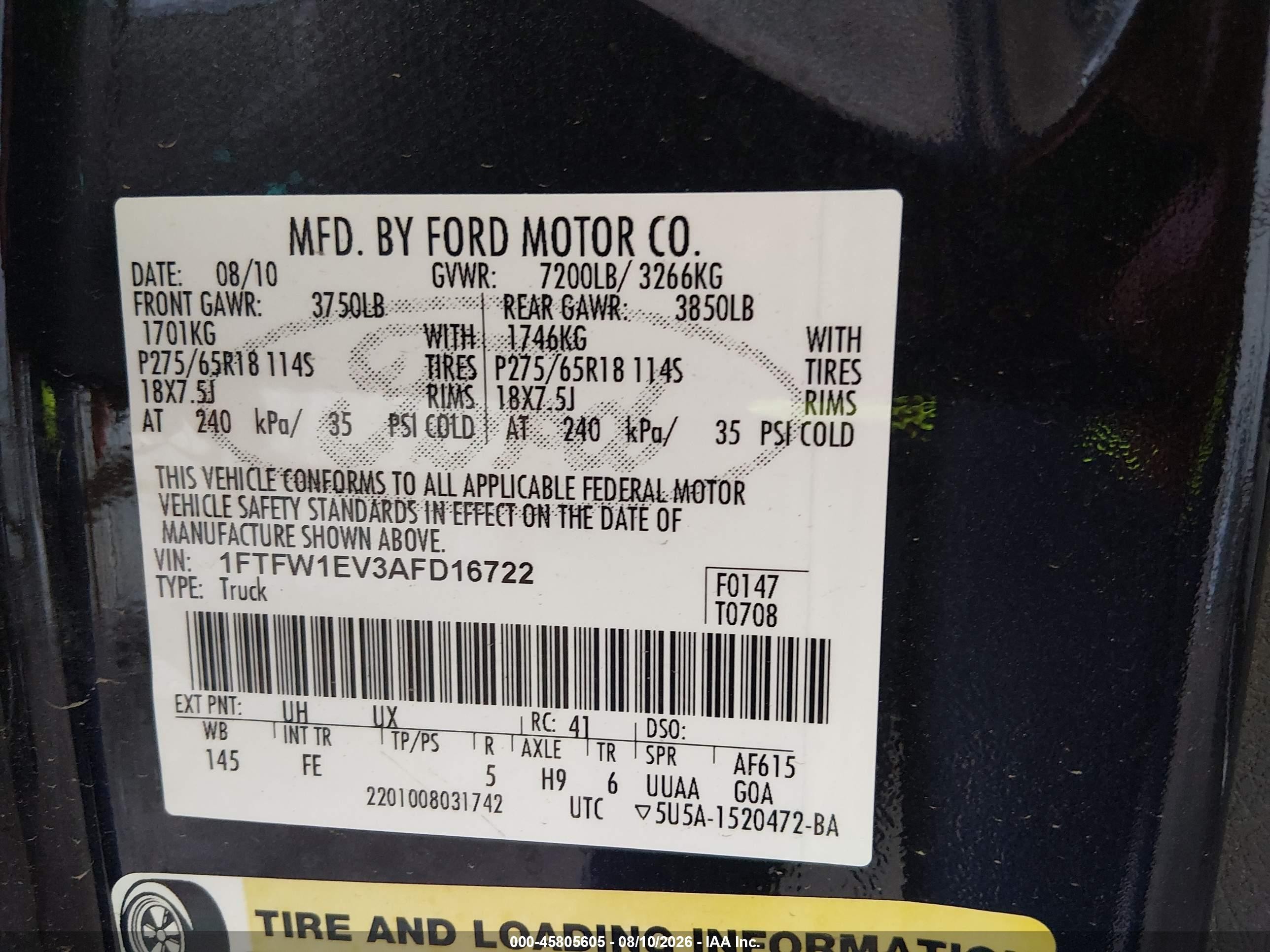 2010 Ford F-150 Fx4/harley-davidson/king Ranch/lariat/platinum/xl/xlt Black vin: 1FTFW1EV3AFD16722