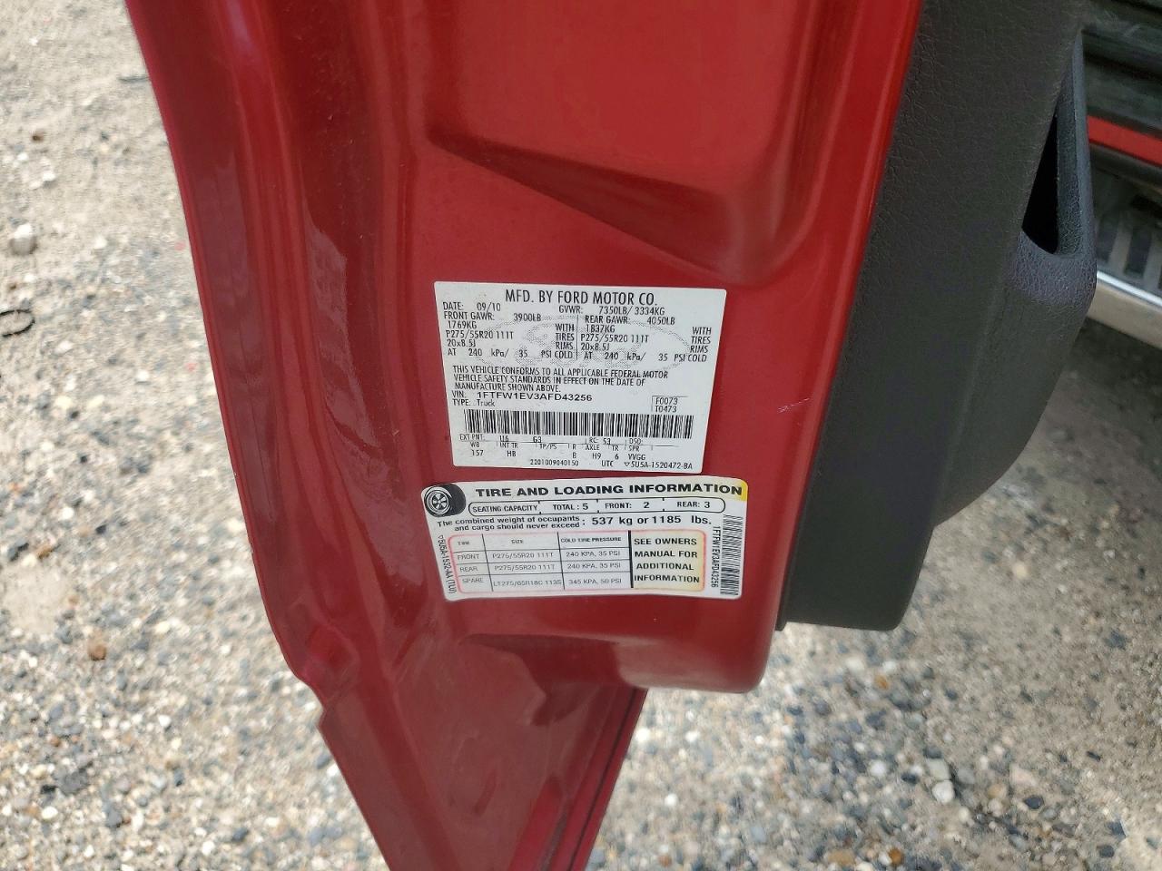 2010 Ford F150 Supercrew Red vin: 1FTFW1EV3AFD43256