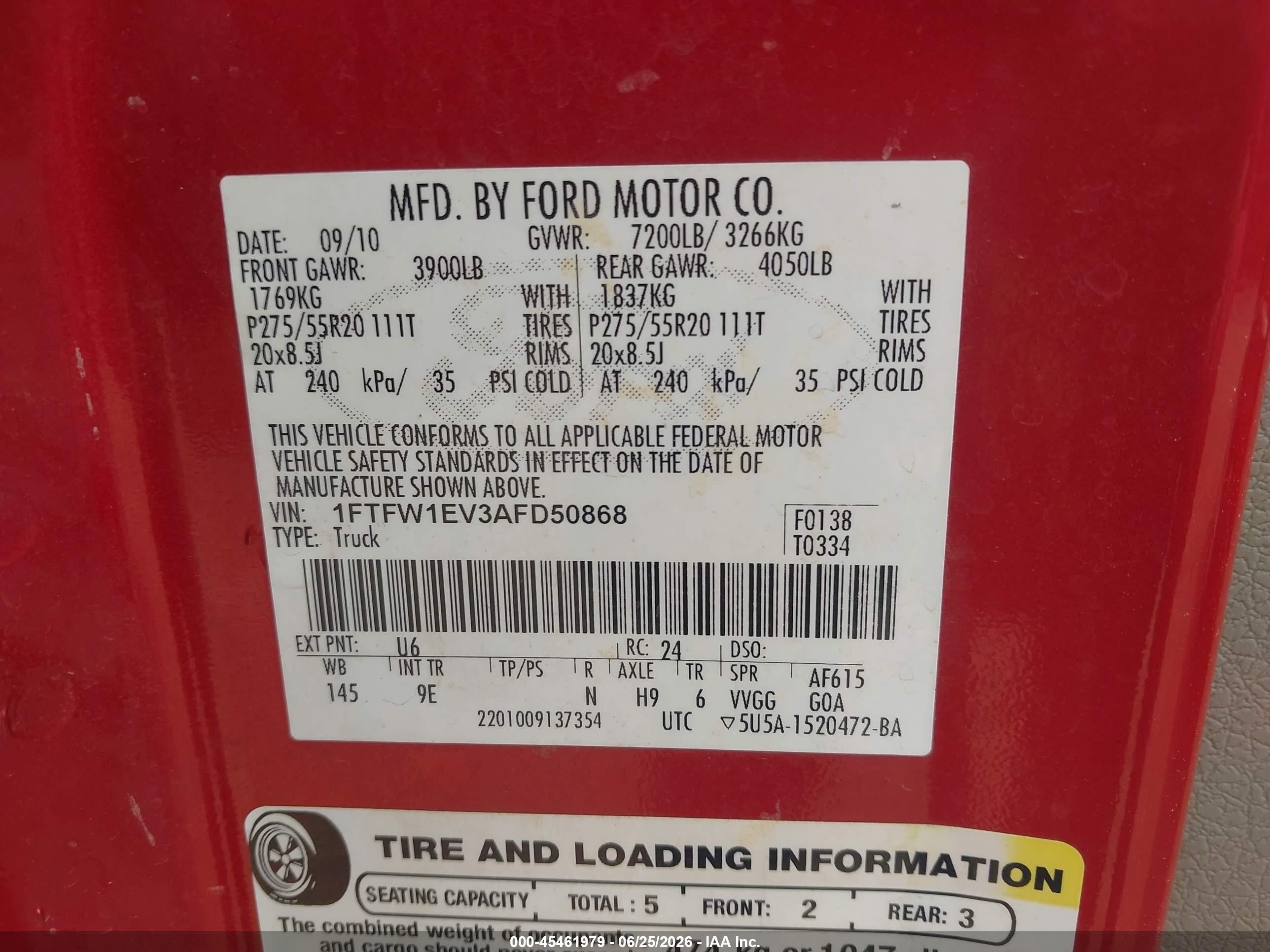 2010 Ford F-150 Fx4/harley-davidson/king Ranch/lariat/platinum/xl/xlt Red vin: 1FTFW1EV3AFD50868