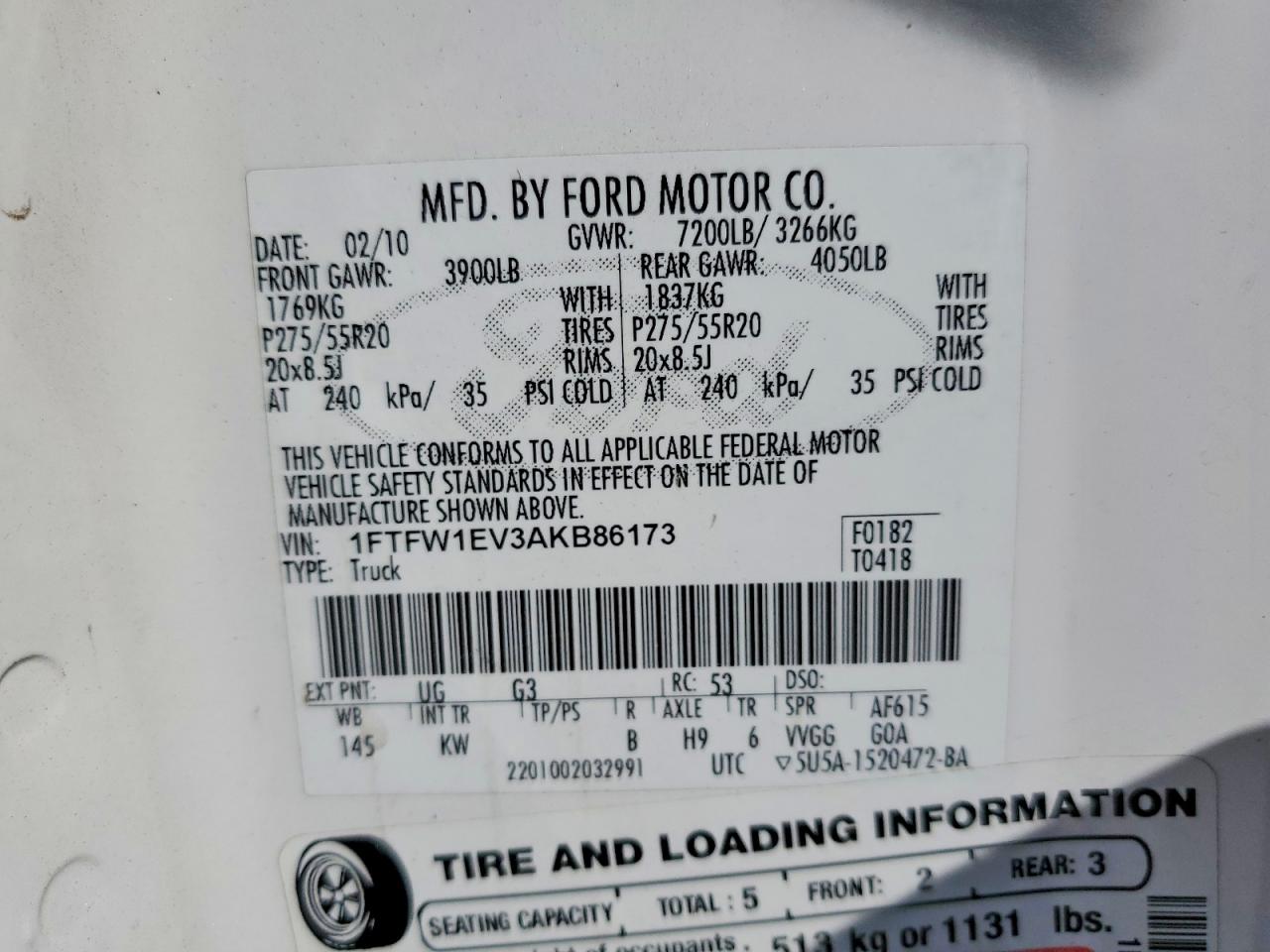 2010 Ford F150 Supercrew White vin: 1FTFW1EV3AKB86173