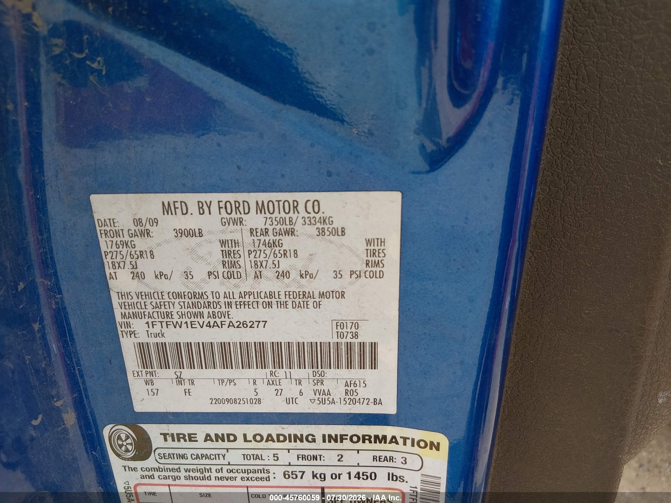 2010 Ford F-150 Fx4/harley-davidson/king Ranch/lariat/platinum/xl/xlt Blue vin: 1FTFW1EV4AFA26277