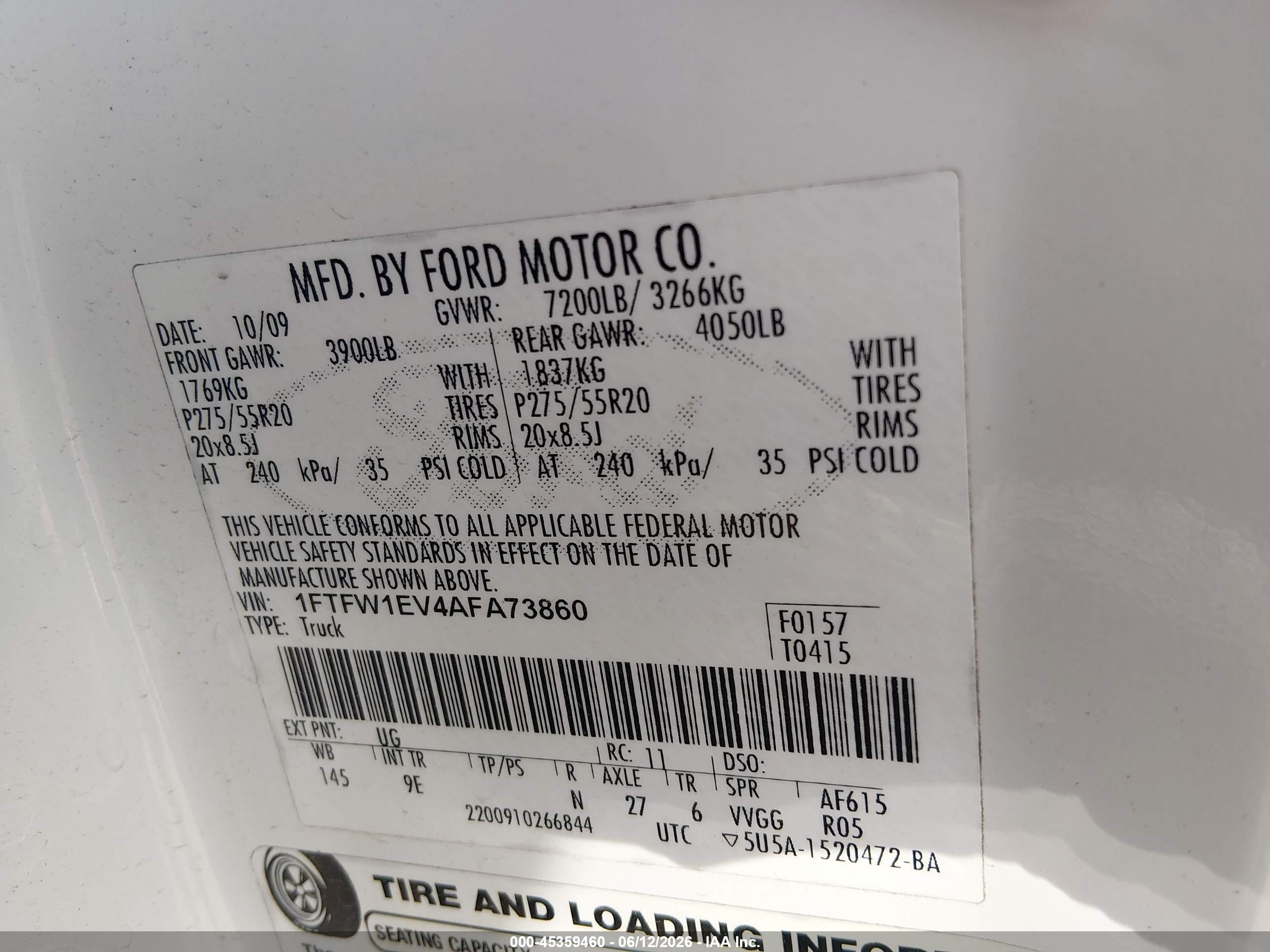 2010 Ford F-150 Fx4/harley-davidson/king Ranch/lariat/platinum/xl/xlt Белый vin: 1FTFW1EV4AFA73860