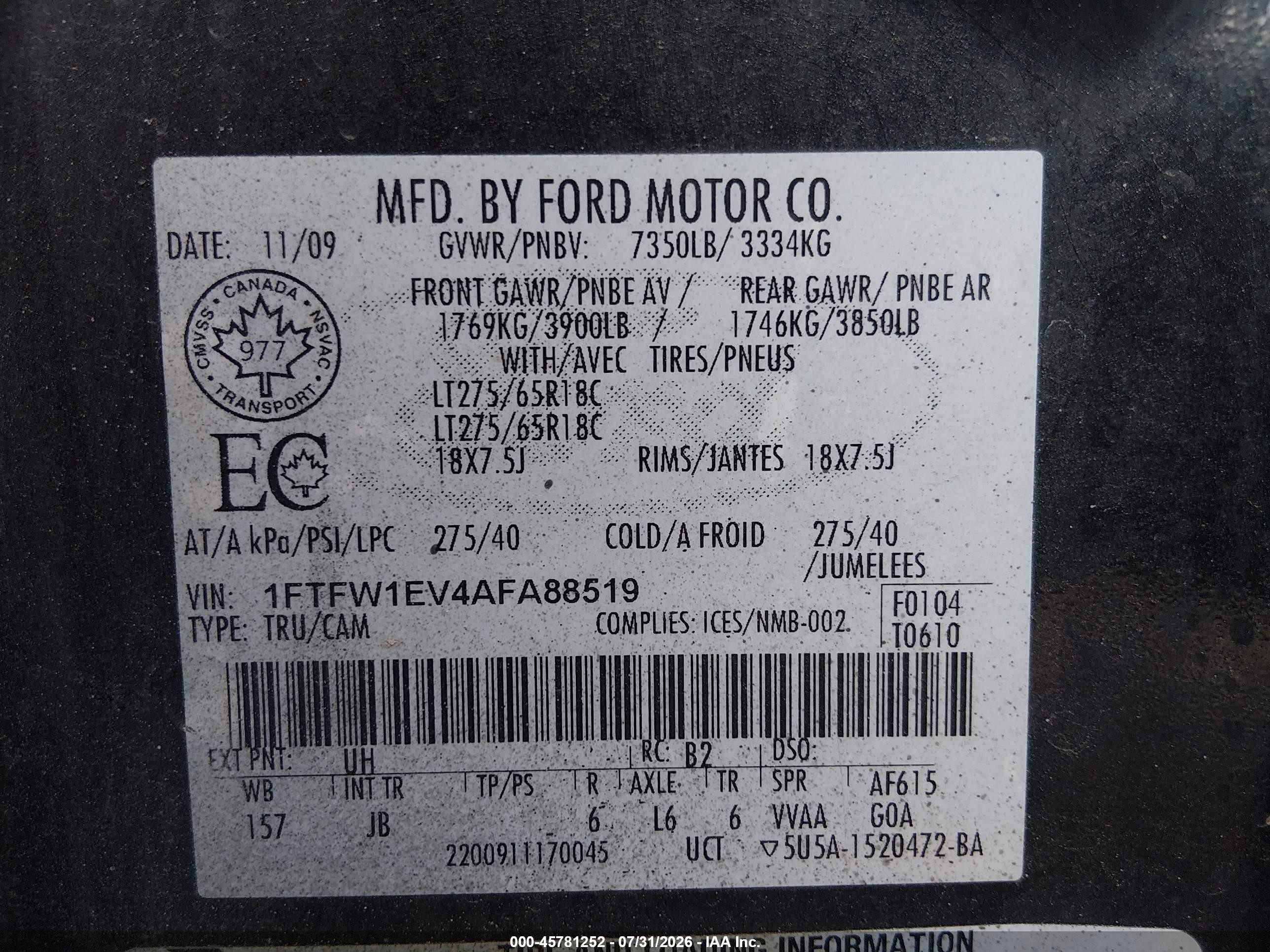 2010 Ford F-150 Fx4/harley-davidson/king Ranch/lariat/platinum/xl/xlt Черный vin: 1FTFW1EV4AFA88519