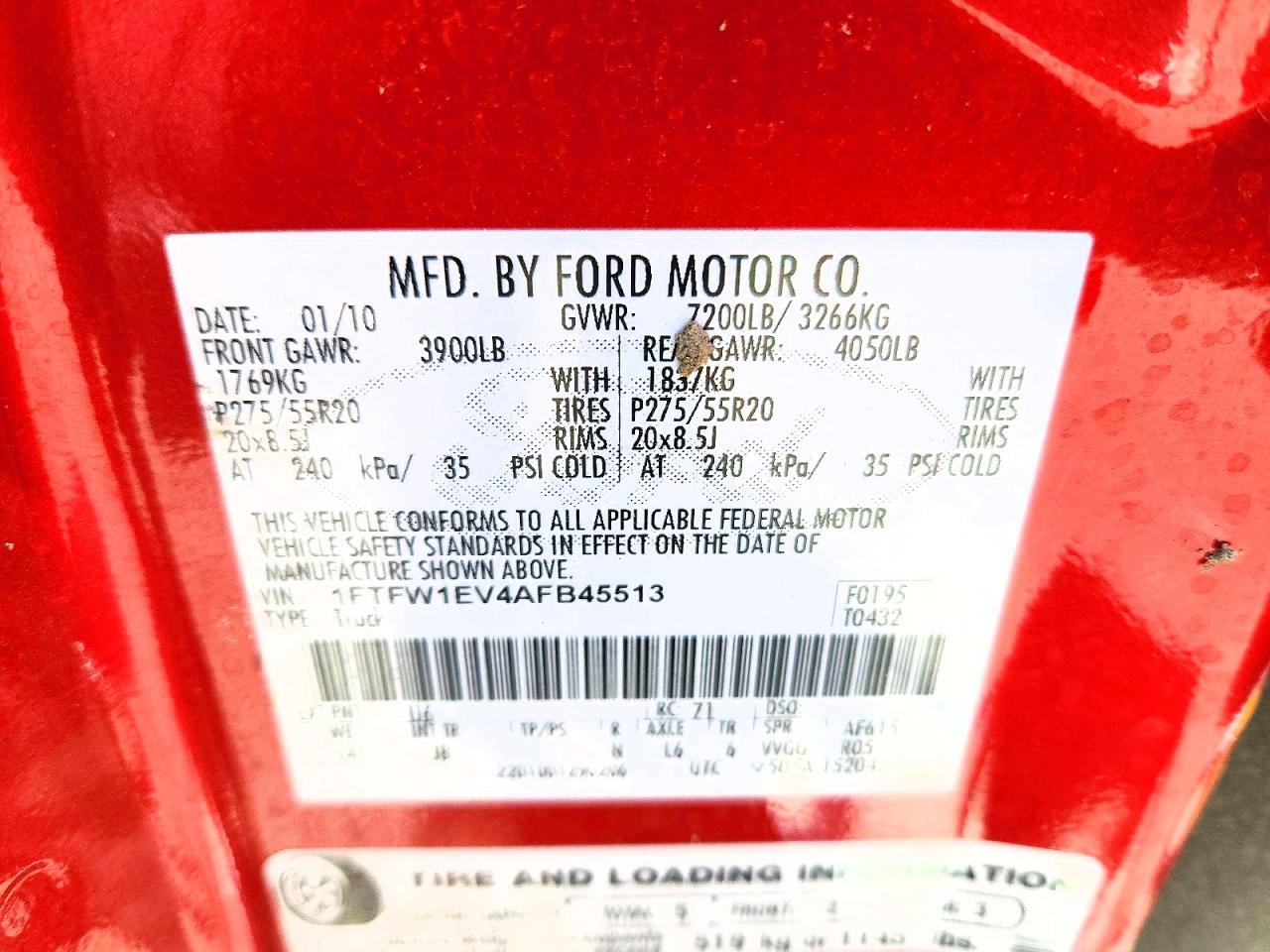 2010 Ford F150 Supercrew Red vin: 1FTFW1EV4AFB45513