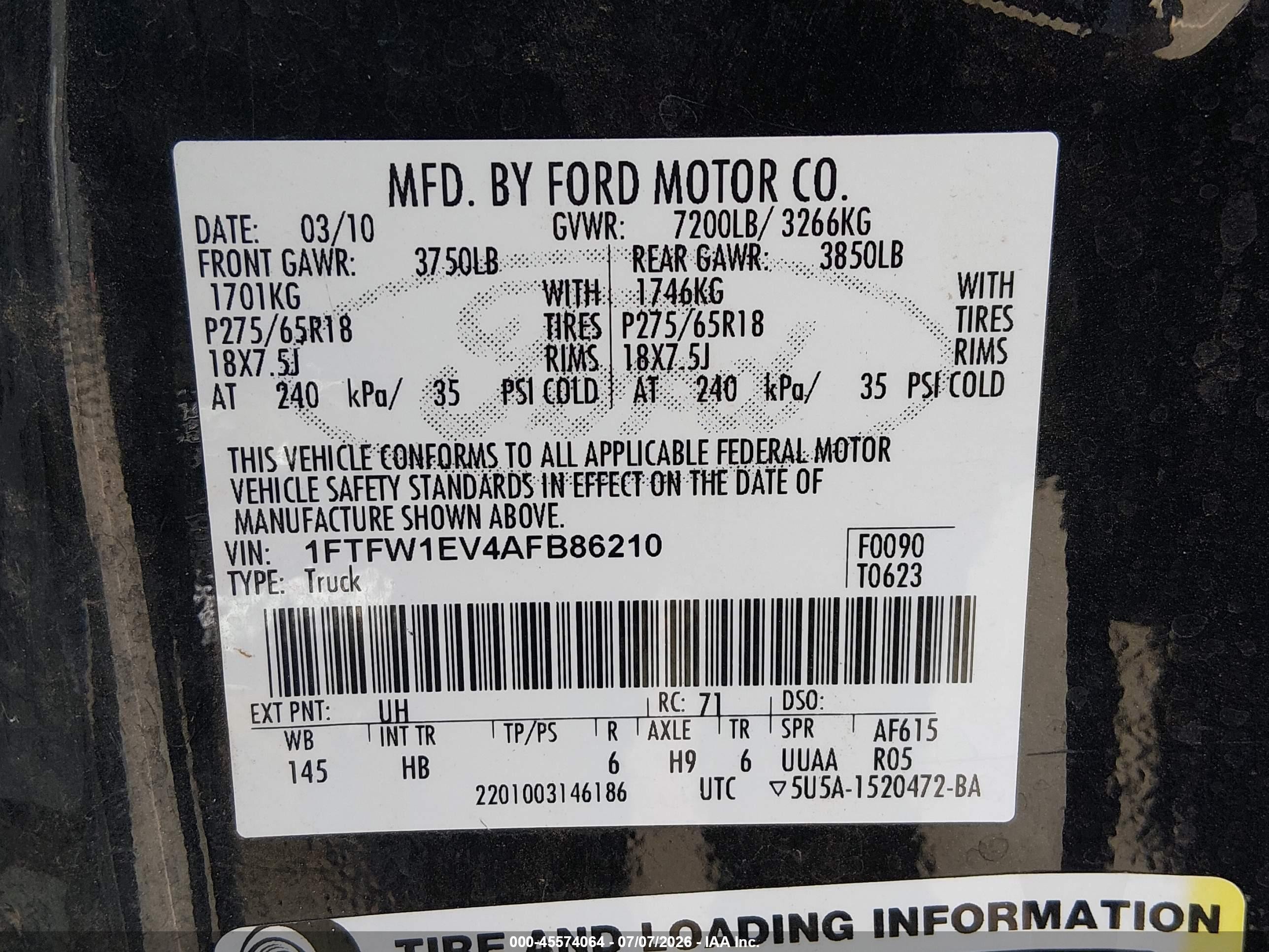 2010 Ford F-150 Fx4/harley-davidson/king Ranch/lariat/platinum/xl/xlt Black vin: 1FTFW1EV4AFB86210
