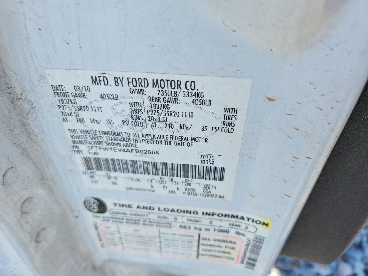 2010 Ford F150 Supercrew White vin: 1FTFW1EV4AFB92668
