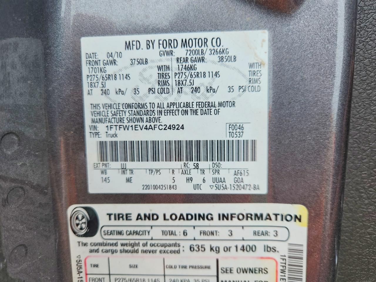 2010 Ford F150 Supercrew Gray vin: 1FTFW1EV4AFC24924