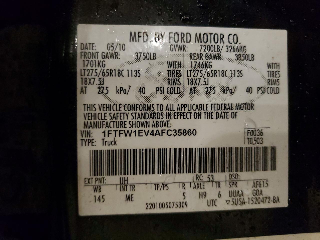2010 Ford F150 Supercrew Black vin: 1FTFW1EV4AFC35860