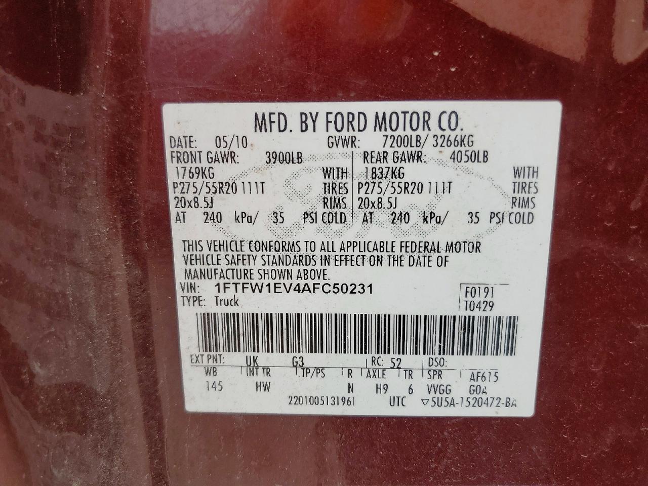 2010 Ford F150 Supercrew Maroon vin: 1FTFW1EV4AFC50231