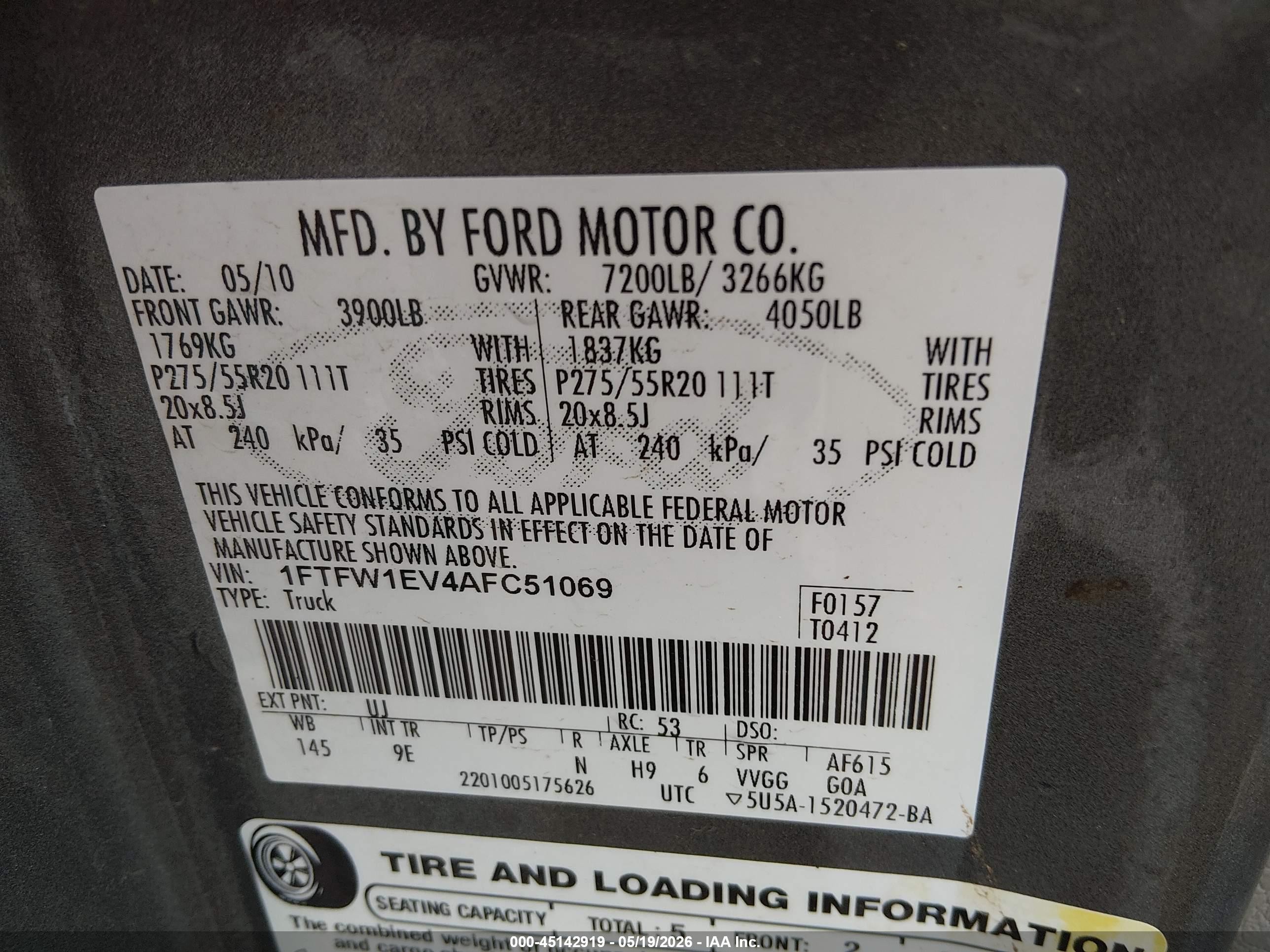2010 Ford F-150 Fx4/harley-davidson/king Ranch/lariat/platinum/xl/xlt Gray vin: 1FTFW1EV4AFC51069