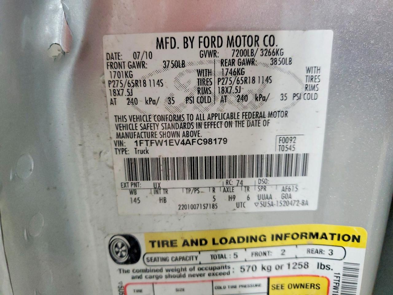 2010 Ford F150 Supercrew Silver vin: 1FTFW1EV4AFC98179