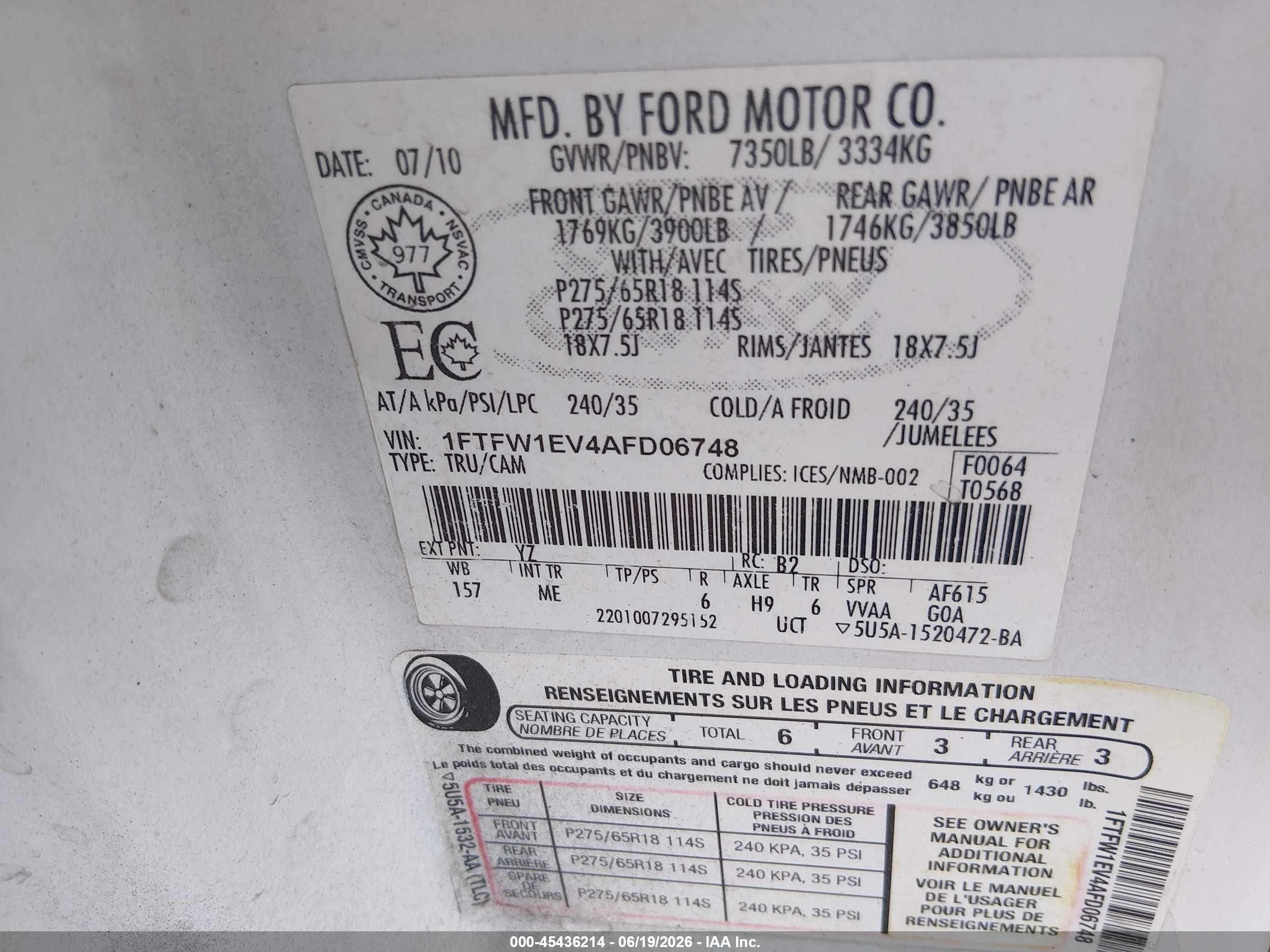 2010 Ford F-150 Fx4/harley-davidson/king Ranch/lariat/platinum/xl/xlt White vin: 1FTFW1EV4AFD06748