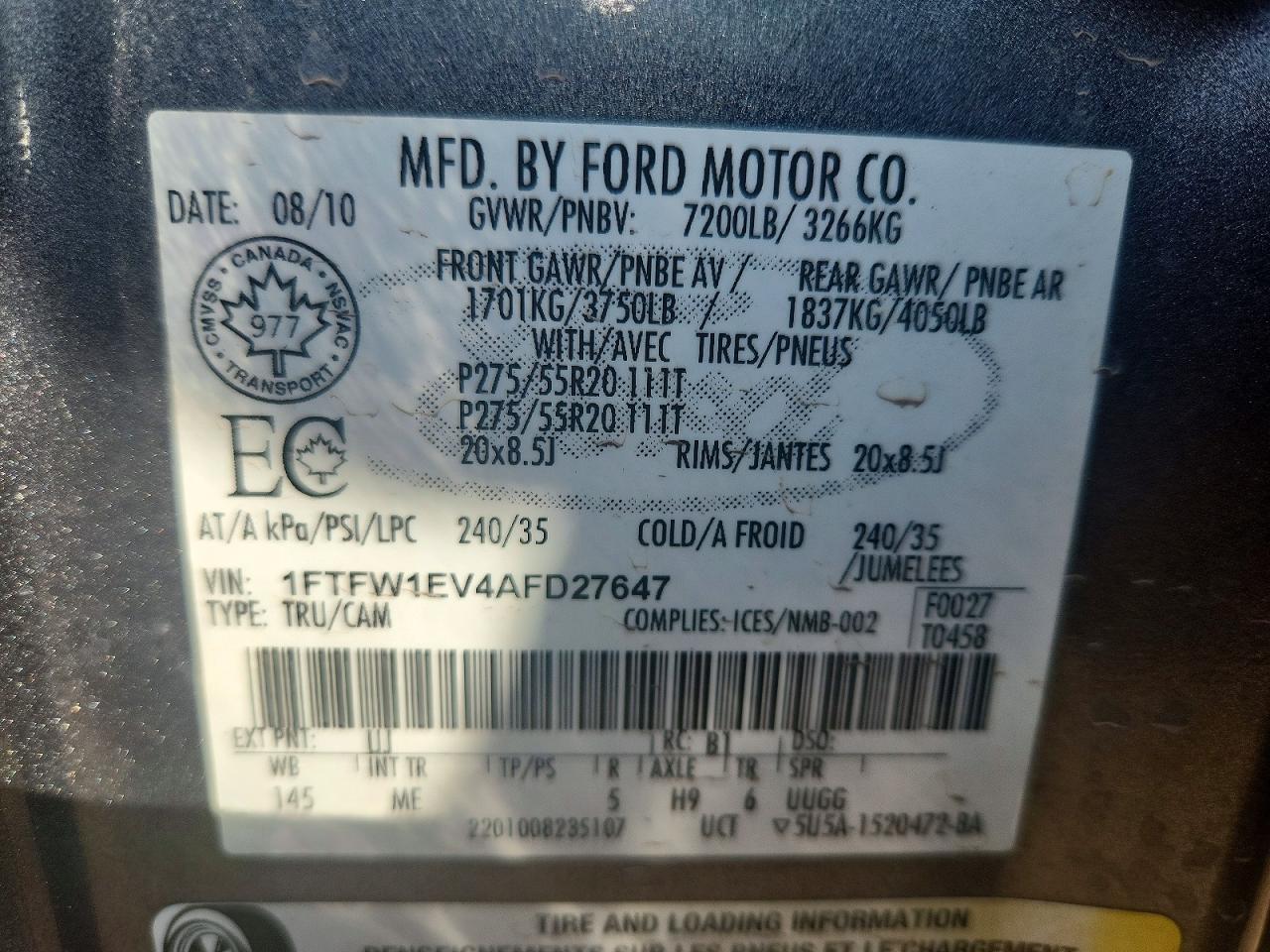 2010 Ford F150 Supercrew Gray vin: 1FTFW1EV4AFD27647