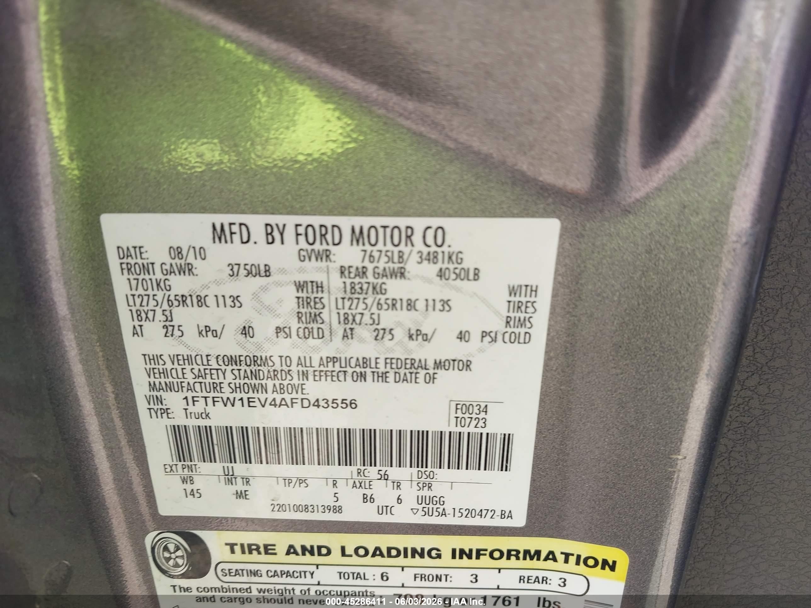 2010 Ford F-150 Fx4/harley-davidson/king Ranch/lariat/platinum/xl/xlt Gray vin: 1FTFW1EV4AFD43556