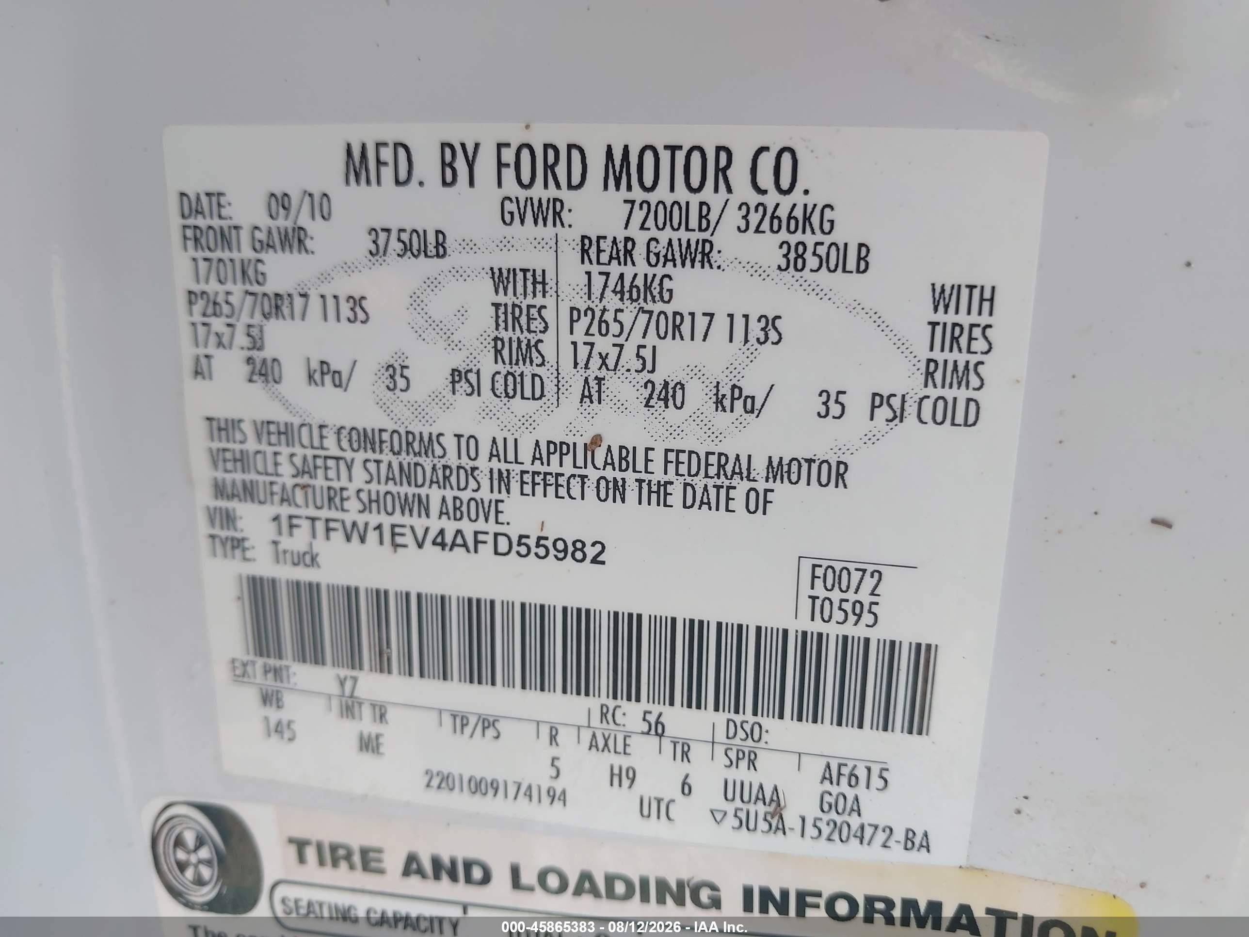 2010 Ford F-150 Fx4/harley-davidson/king Ranch/lariat/platinum/xl/xlt White vin: 1FTFW1EV4AFD55982