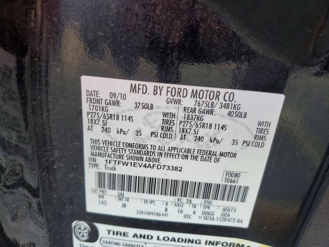 2010 Ford F150 Supercrew Black vin: 1FTFW1EV4AFD73382