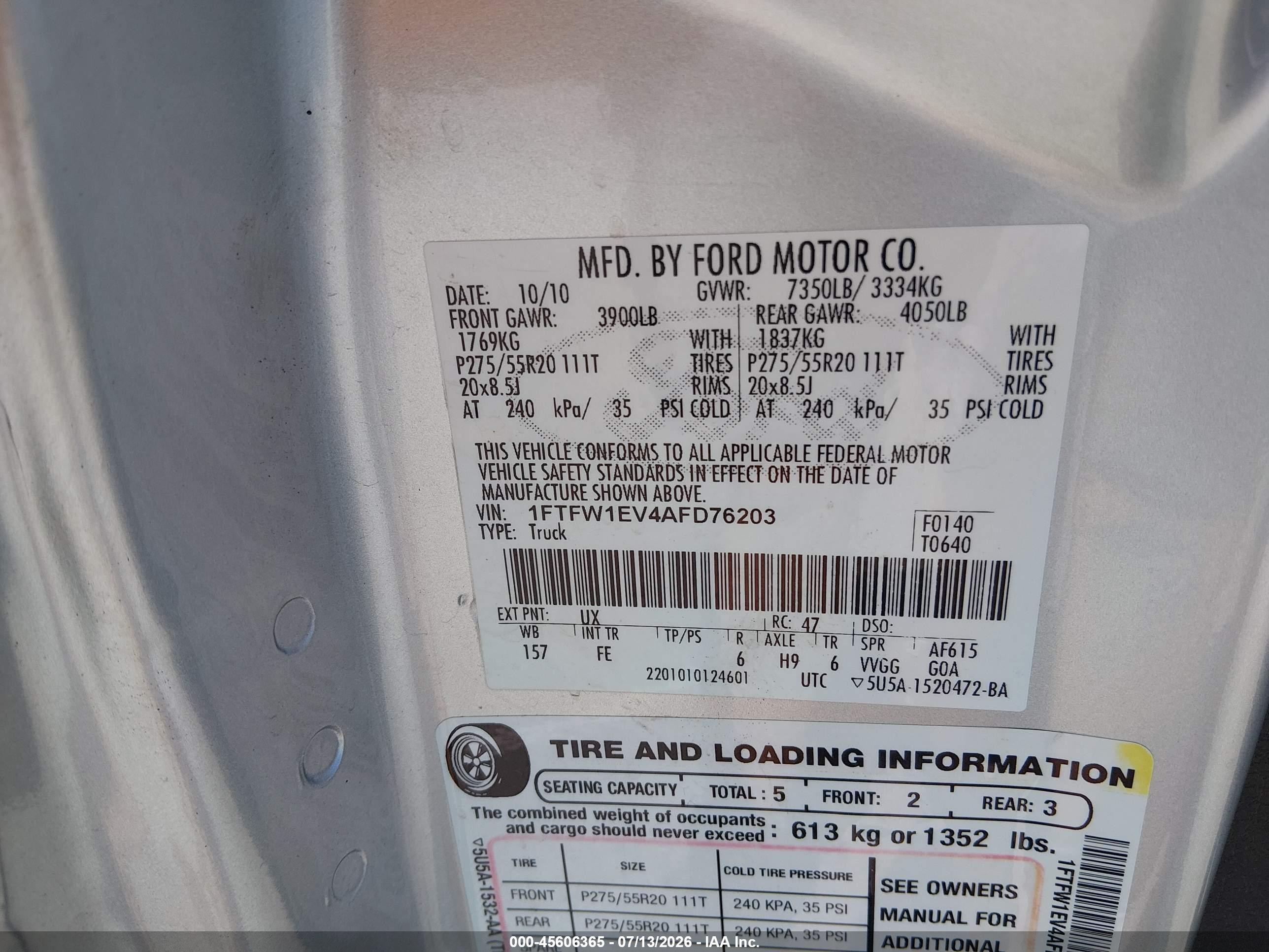 2010 Ford F-150 Fx4/harley-davidson/king Ranch/lariat/platinum/xl/xlt Silver vin: 1FTFW1EV4AFD76203