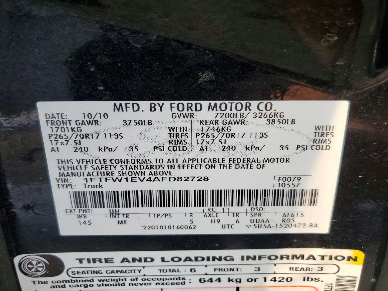 2010 Ford F150 Supercrew Black vin: 1FTFW1EV4AFD82728
