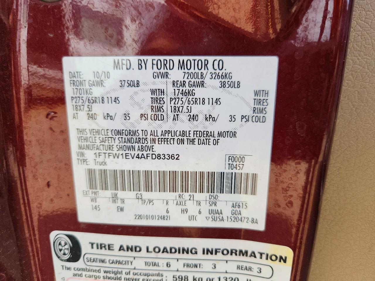 2010 Ford F150 Supercrew Maroon vin: 1FTFW1EV4AFD83362