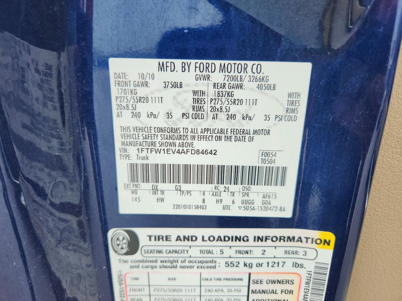 2010 Ford F150 Supercrew Blue vin: 1FTFW1EV4AFD84642