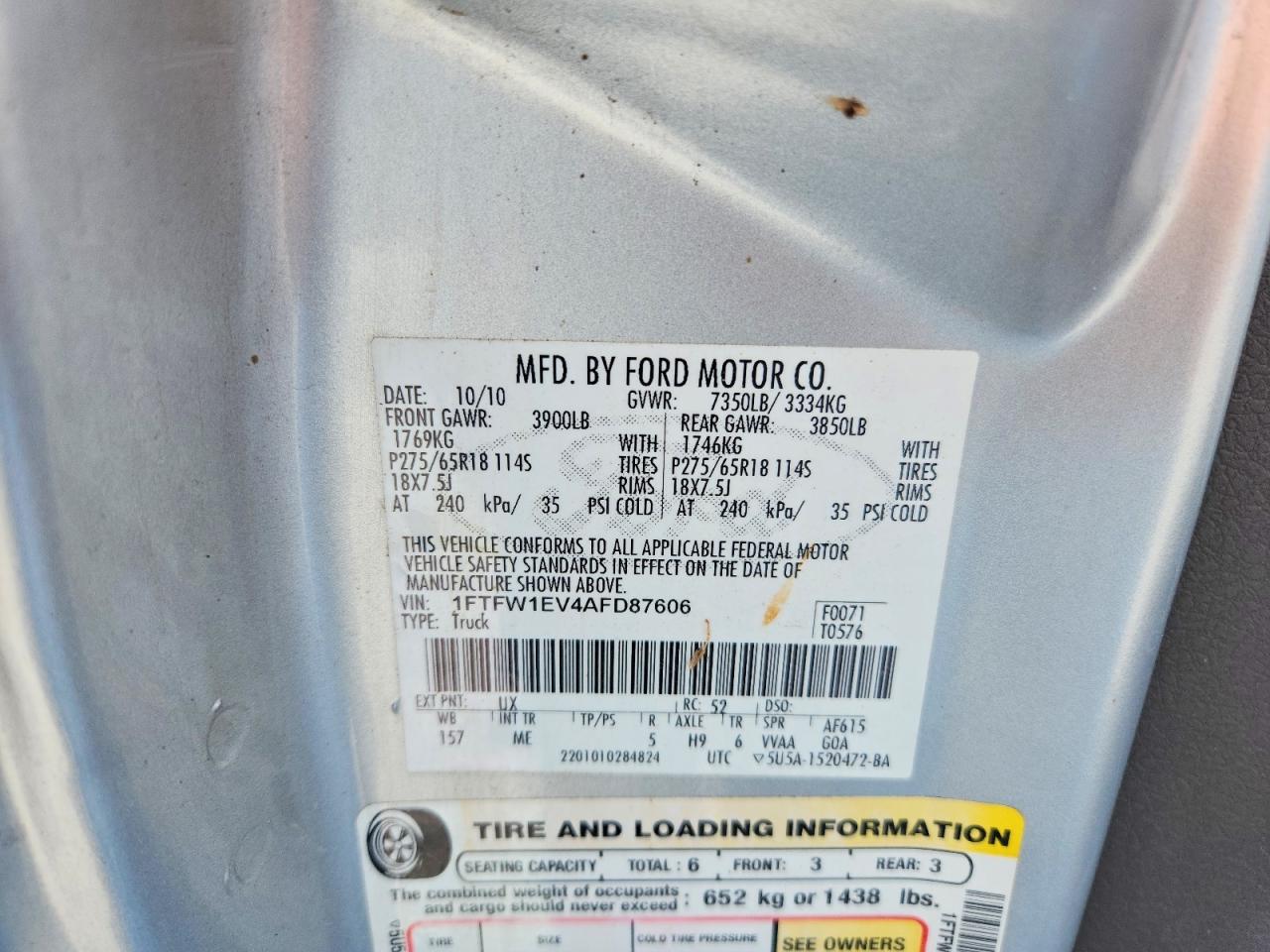 2010 Ford F150 Supercrew Silver vin: 1FTFW1EV4AFD87606
