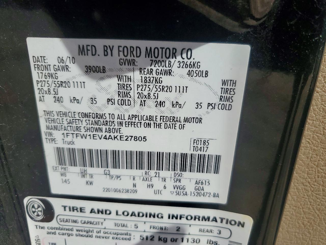2010 Ford F150 Supercrew Черный vin: 1FTFW1EV4AKE27805