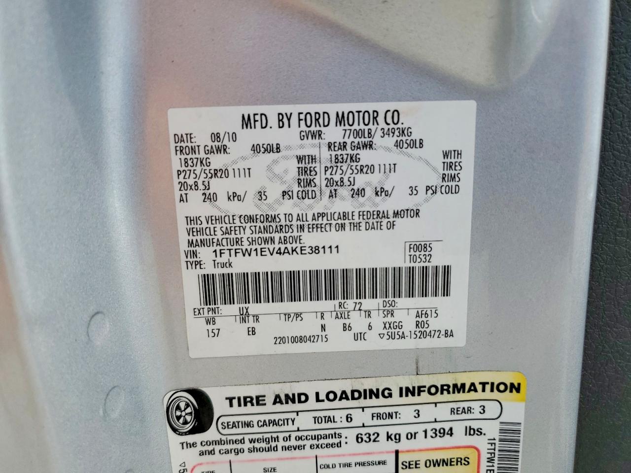 2010 Ford F150 Supercrew Silver vin: 1FTFW1EV4AKE38111