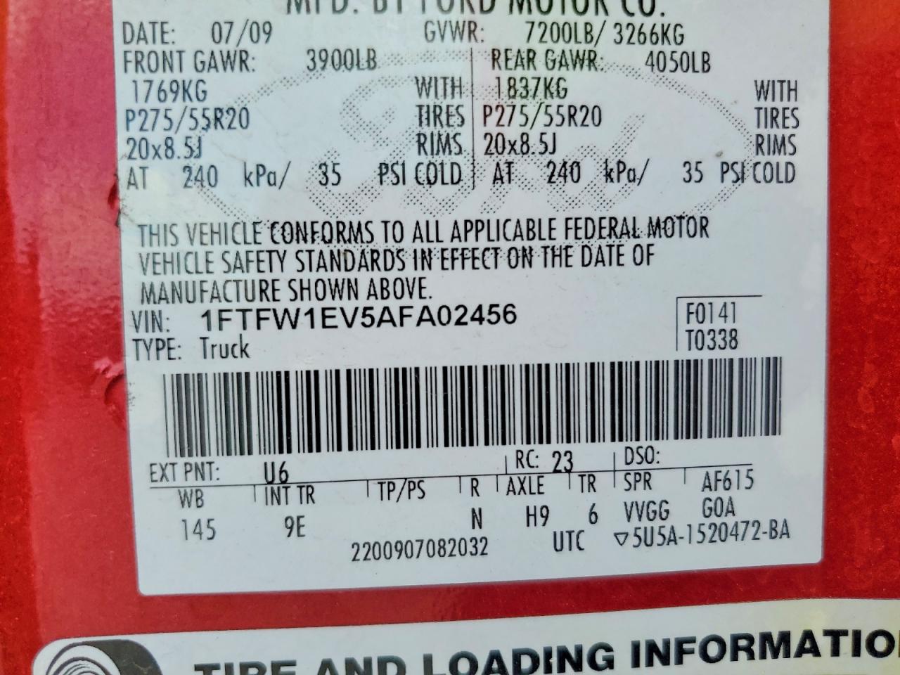 2010 Ford F150 Supercrew Red vin: 1FTFW1EV5AFA02456