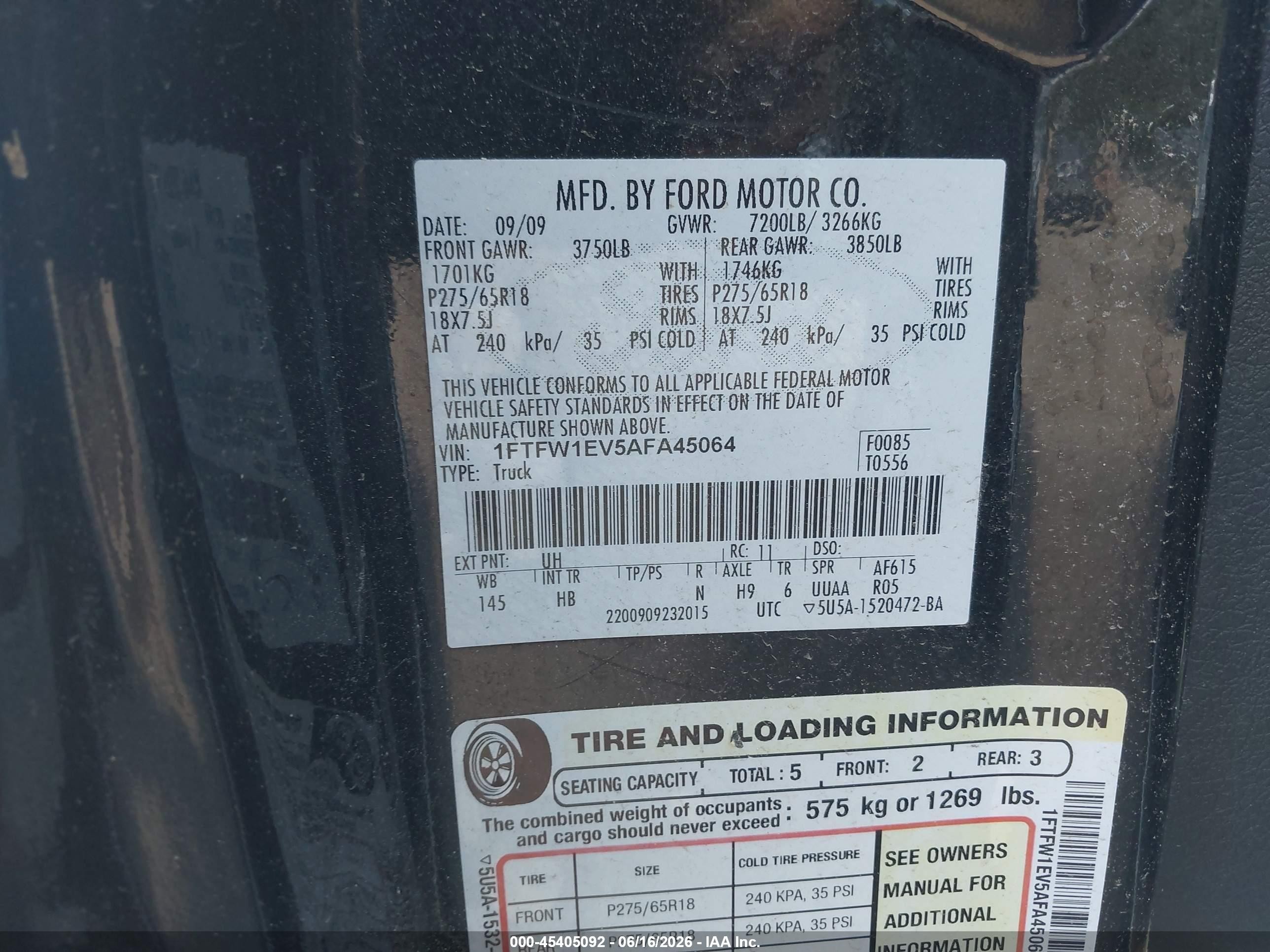 2010 Ford F-150 Fx4/harley-davidson/king Ranch/lariat/platinum/xl/xlt Black vin: 1FTFW1EV5AFA45064