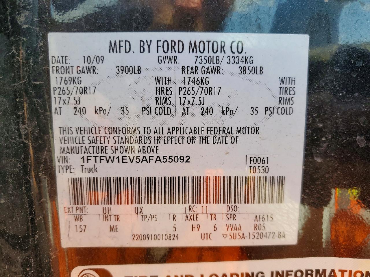2010 Ford F150 Supercrew Black vin: 1FTFW1EV5AFA55092