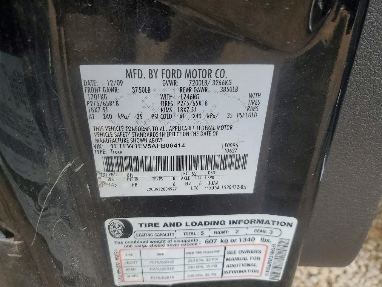 2010 Ford F150 Supercrew Black vin: 1FTFW1EV5AFB06414