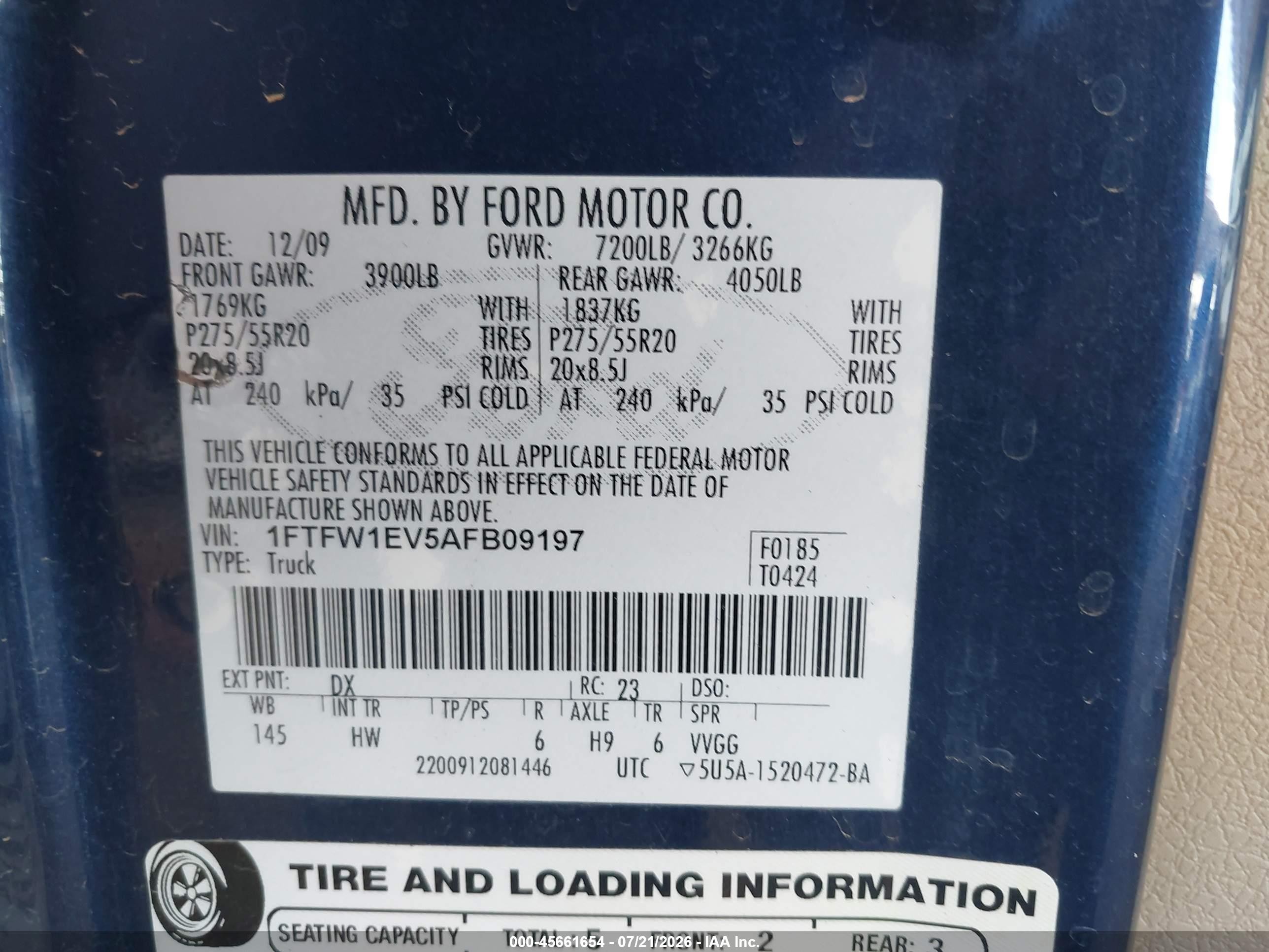 2010 Ford F-150 Fx4/harley-davidson/king Ranch/lariat/platinum/xl/xlt Синий vin: 1FTFW1EV5AFB09197