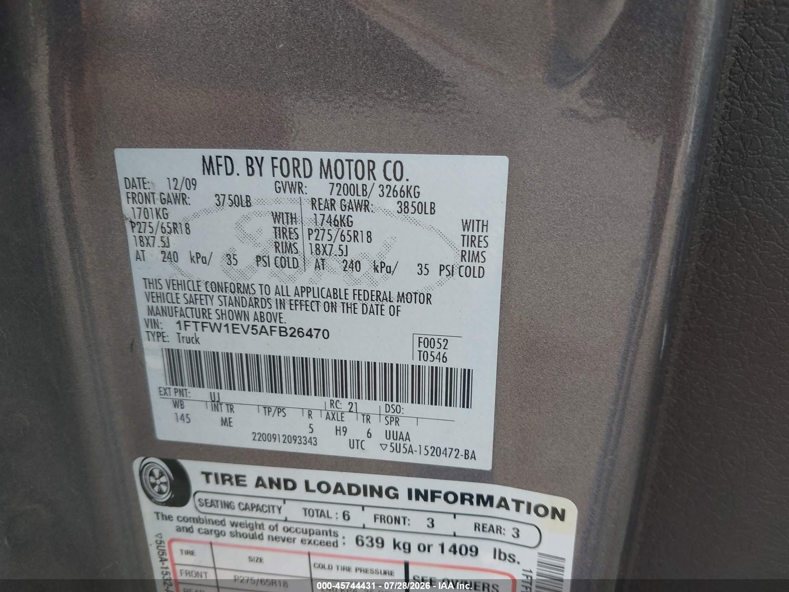 2010 Ford F-150 Fx4/harley-davidson/king Ranch/lariat/platinum/xl/xlt Gray vin: 1FTFW1EV5AFB26470
