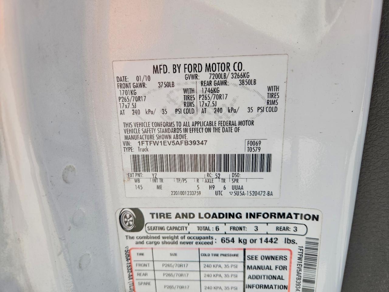 2010 Ford F150 Supercrew White vin: 1FTFW1EV5AFB39347