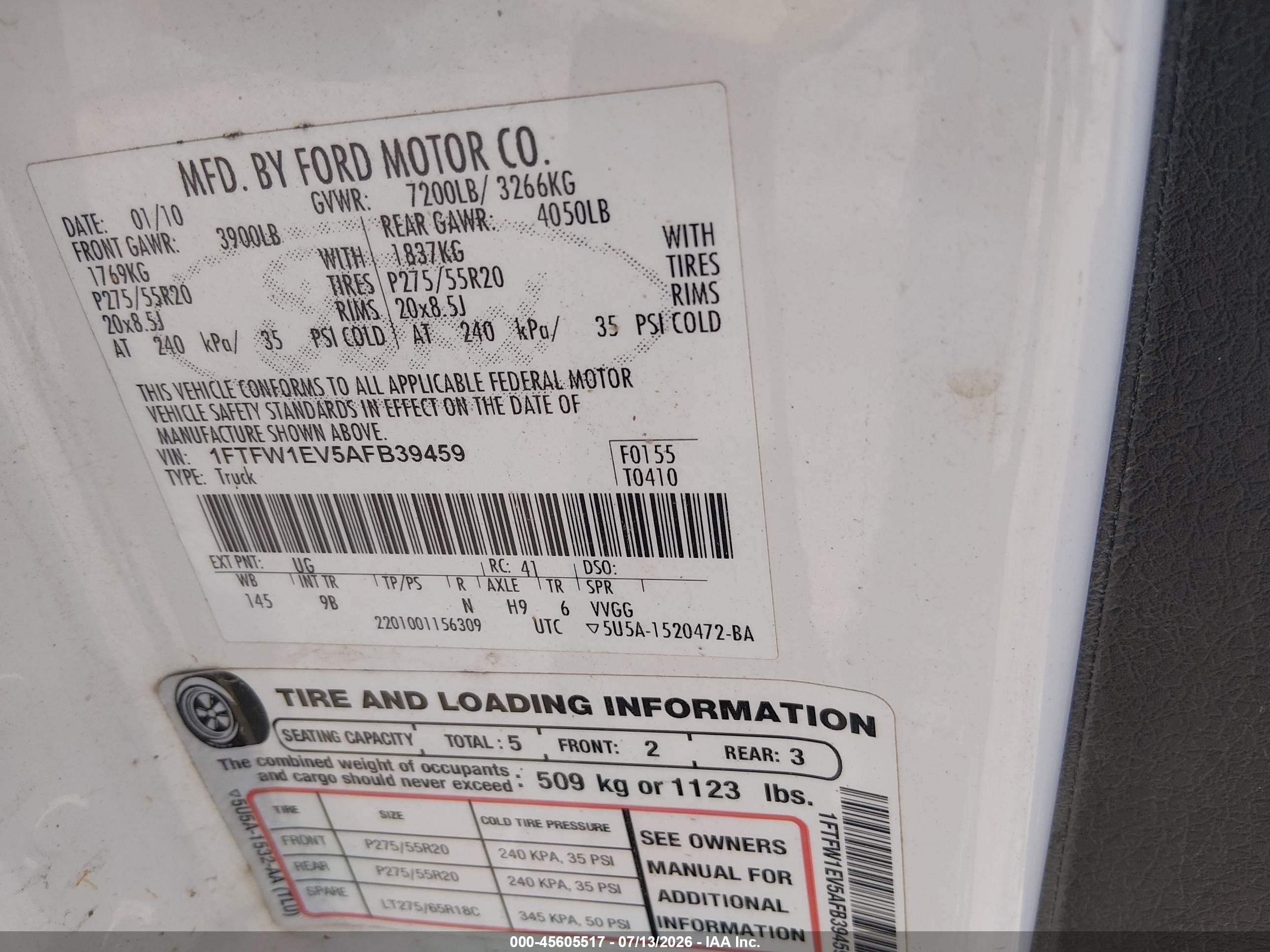 2010 Ford F-150 Fx4/harley-davidson/king Ranch/lariat/platinum/xl/xlt White vin: 1FTFW1EV5AFB39459