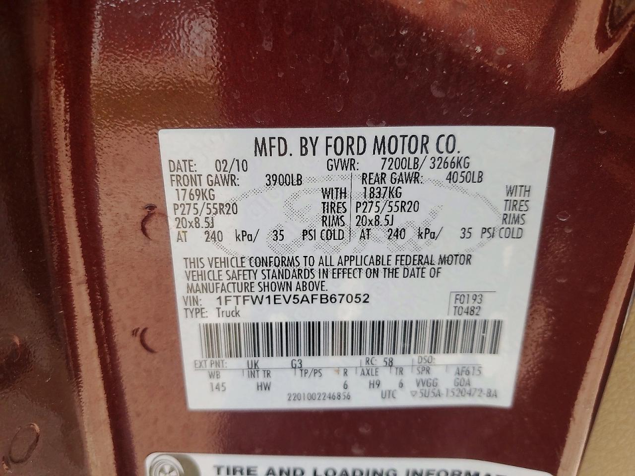 2010 Ford F150 Supercrew Maroon vin: 1FTFW1EV5AFB67052